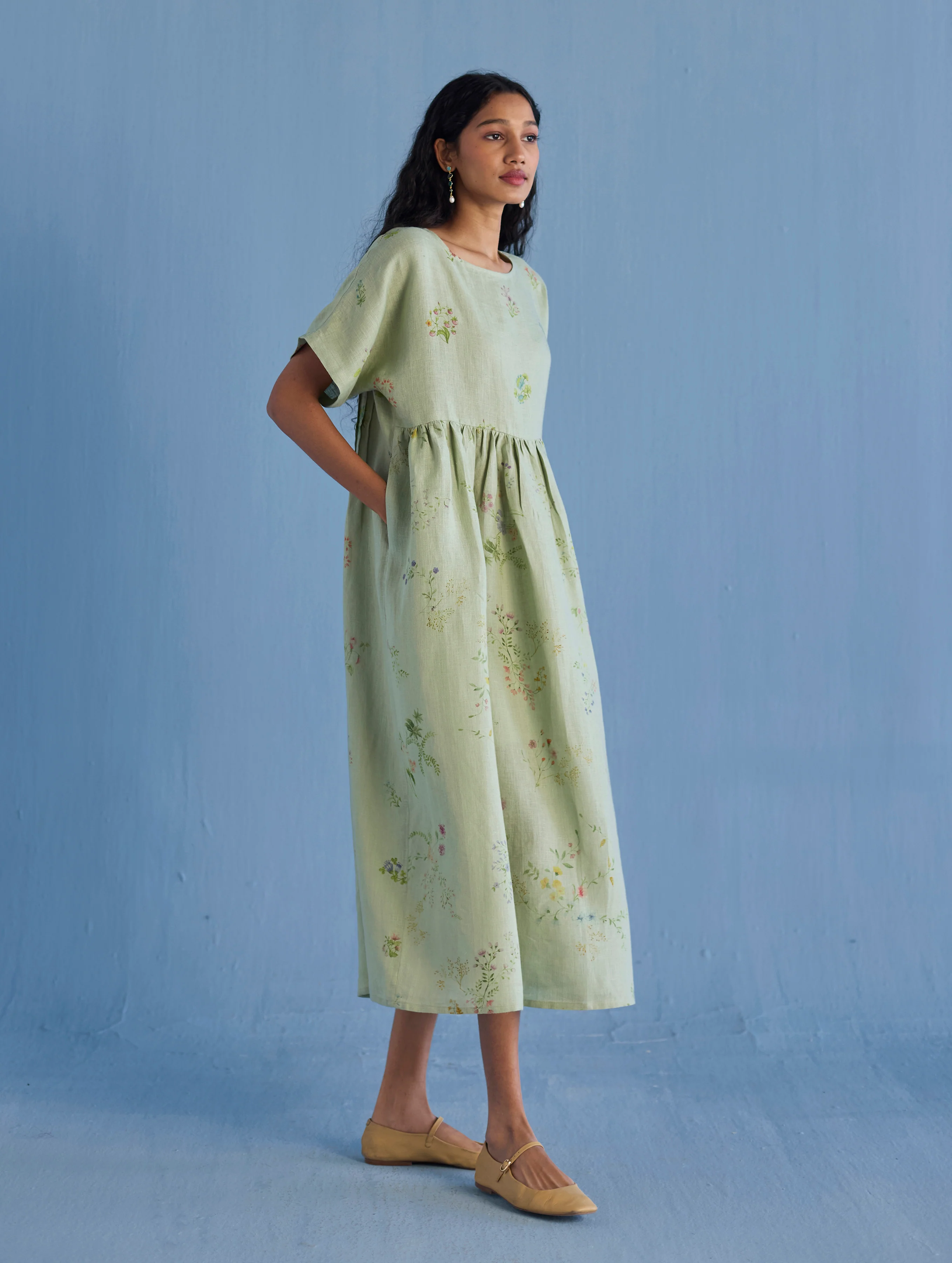 Uniko Pleated Floral Linen Dress - Mint - Image 5