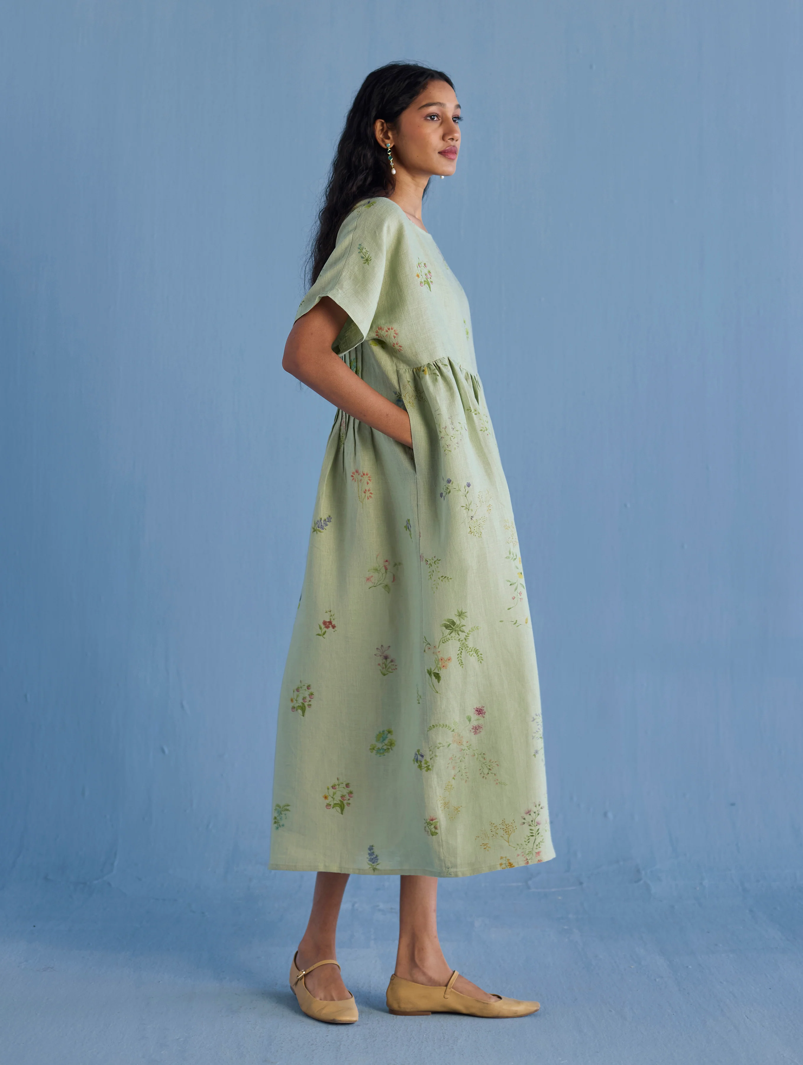 Uniko Pleated Floral Linen Dress - Mint - Image 6