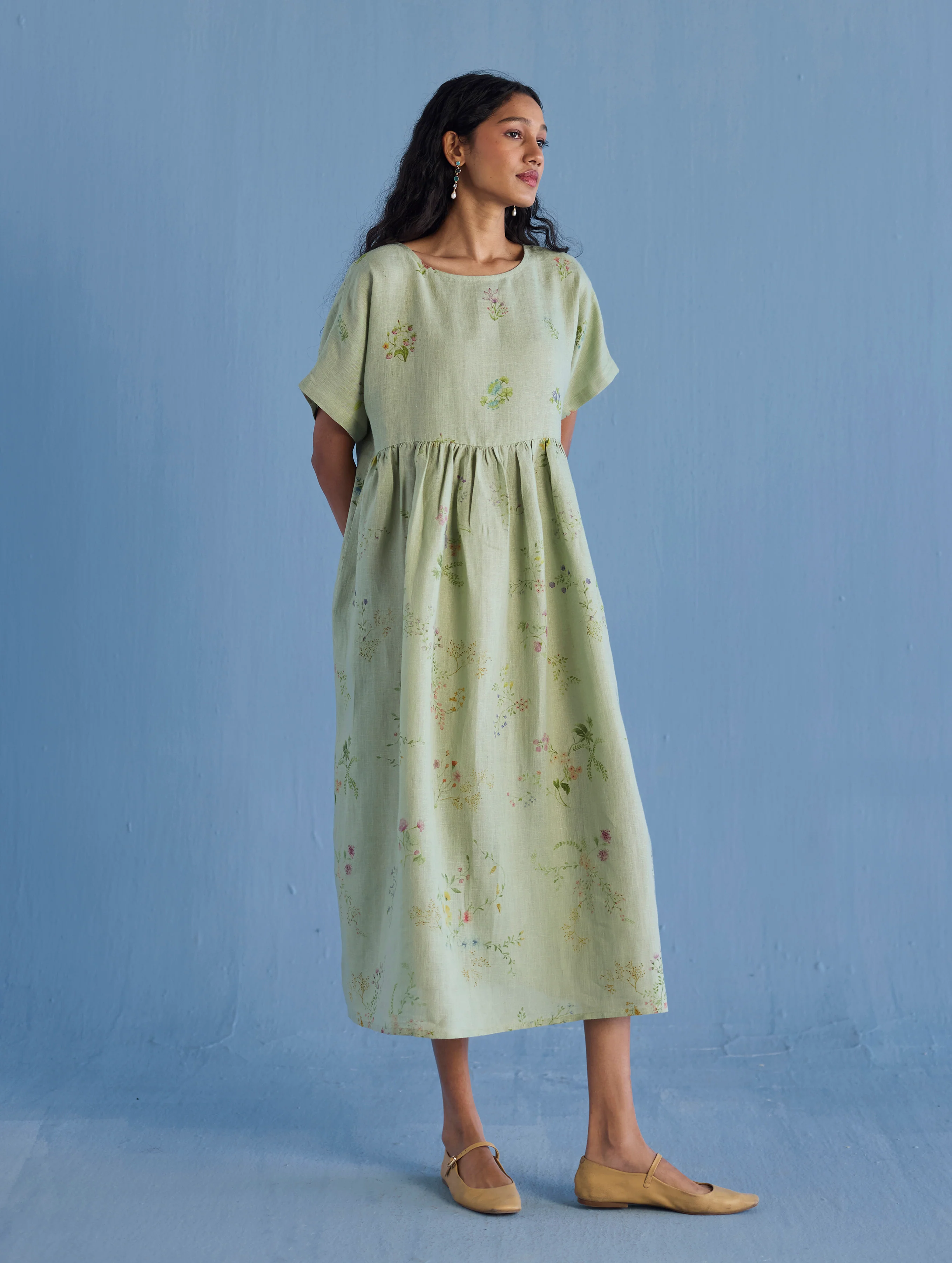 Uniko Pleated Floral Linen Dress - Mint - Image 7