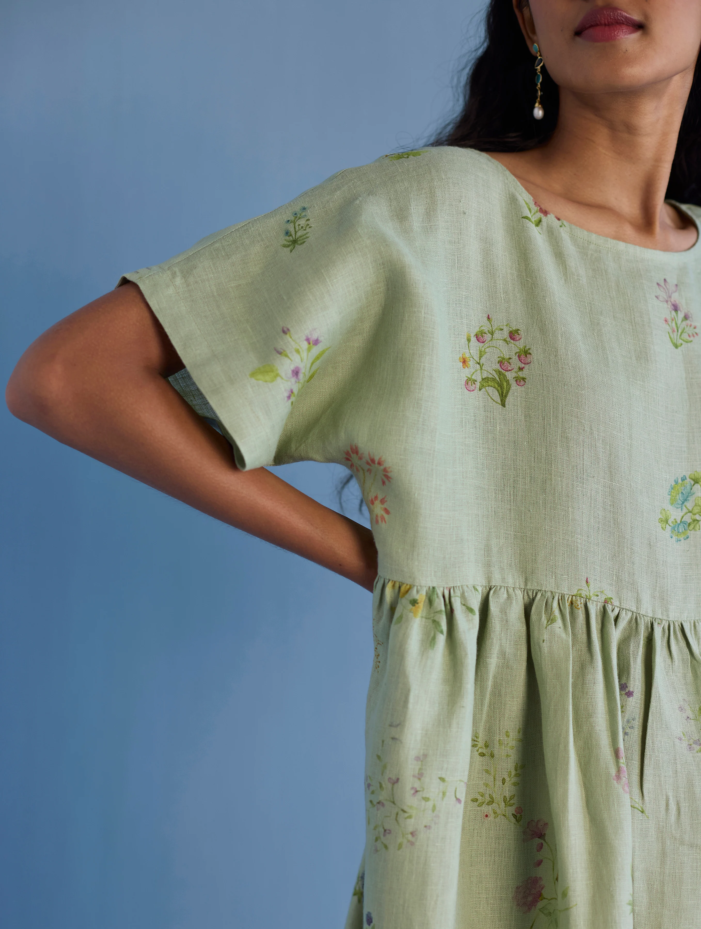 Uniko Pleated Floral Linen Dress - Mint - Image 8