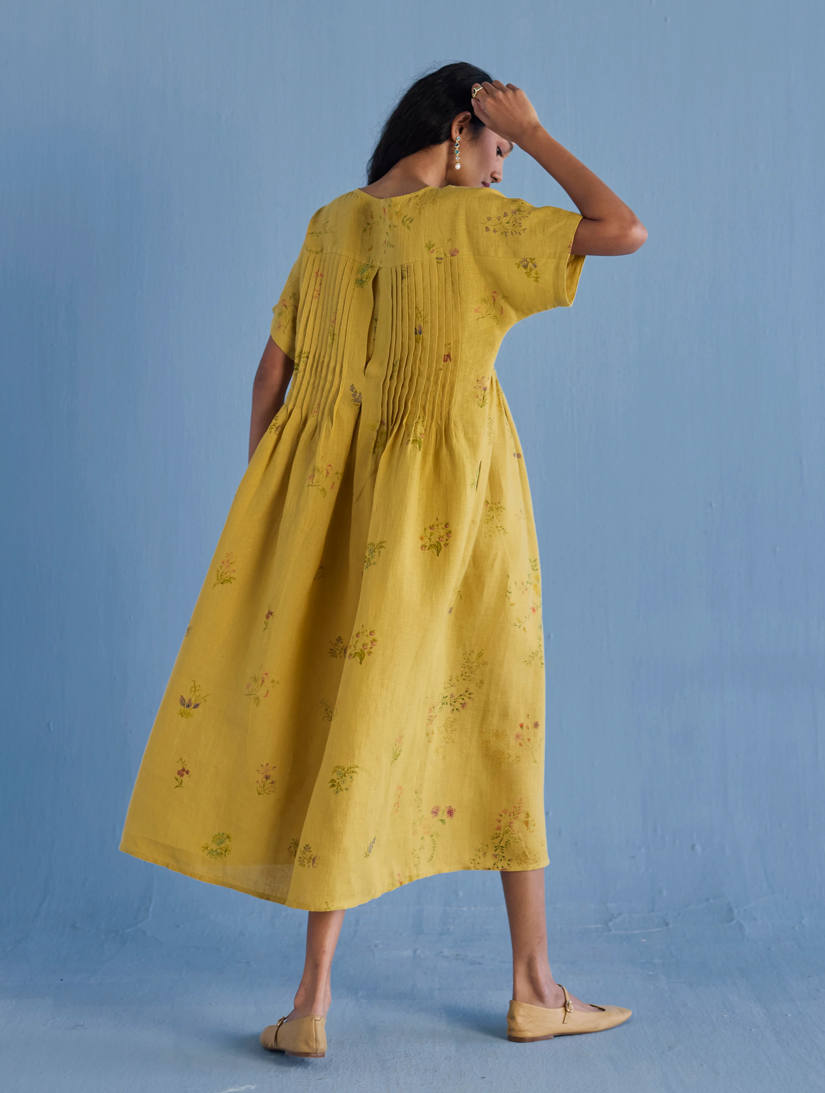 Uniko Pleated Floral Linen Dress - Ochre - Image 2