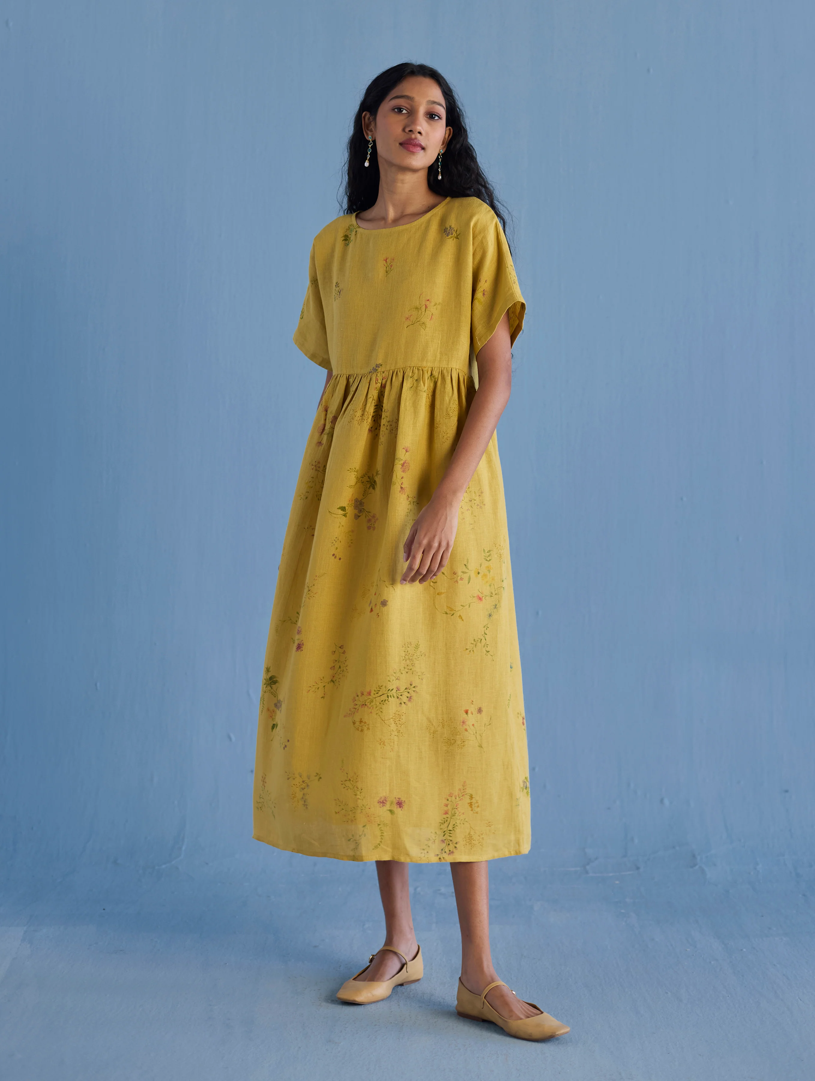Uniko Pleated Floral Linen Dress - Ochre - Image 3