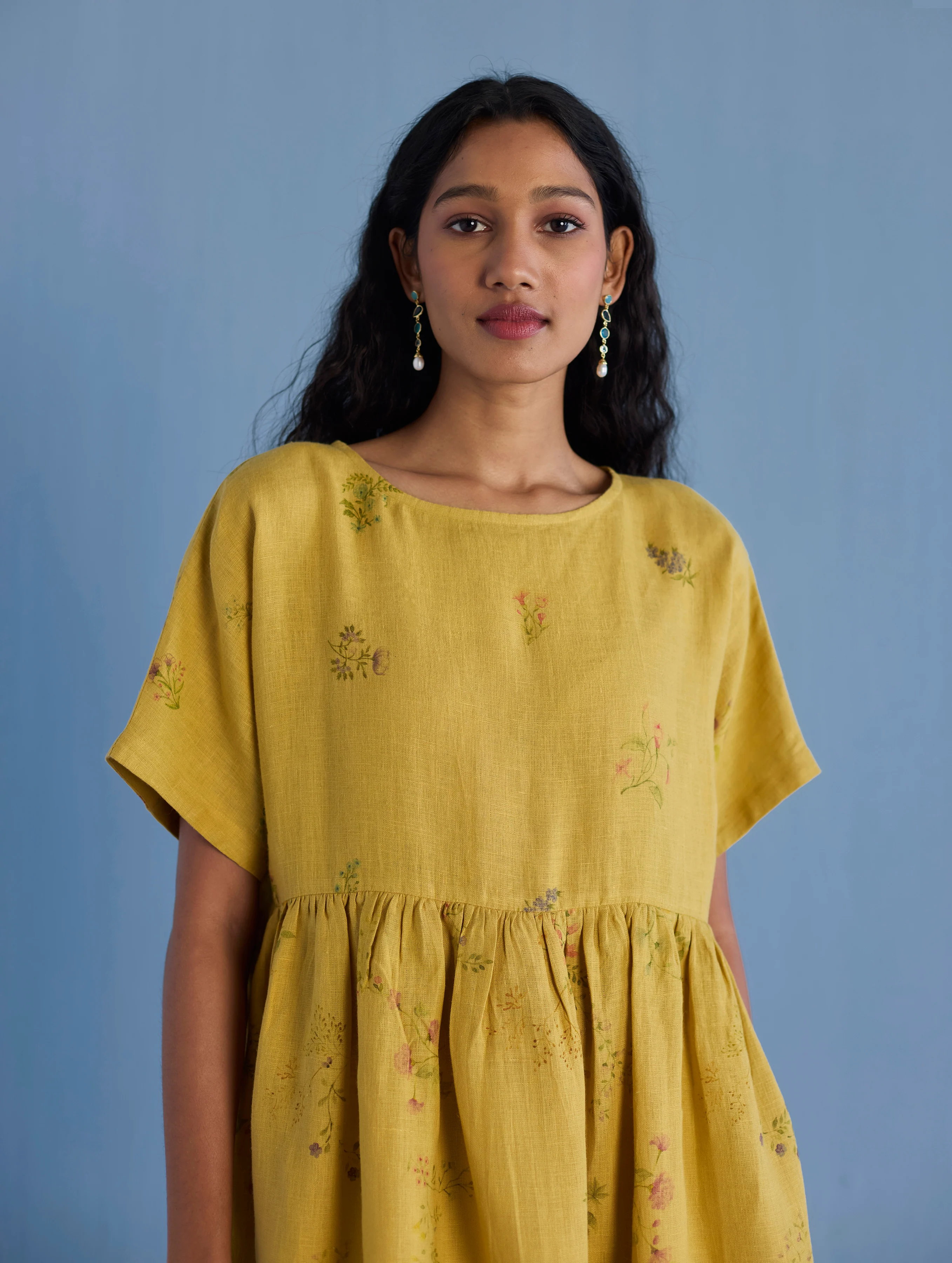 Uniko Pleated Floral Linen Dress - Ochre - Image 4