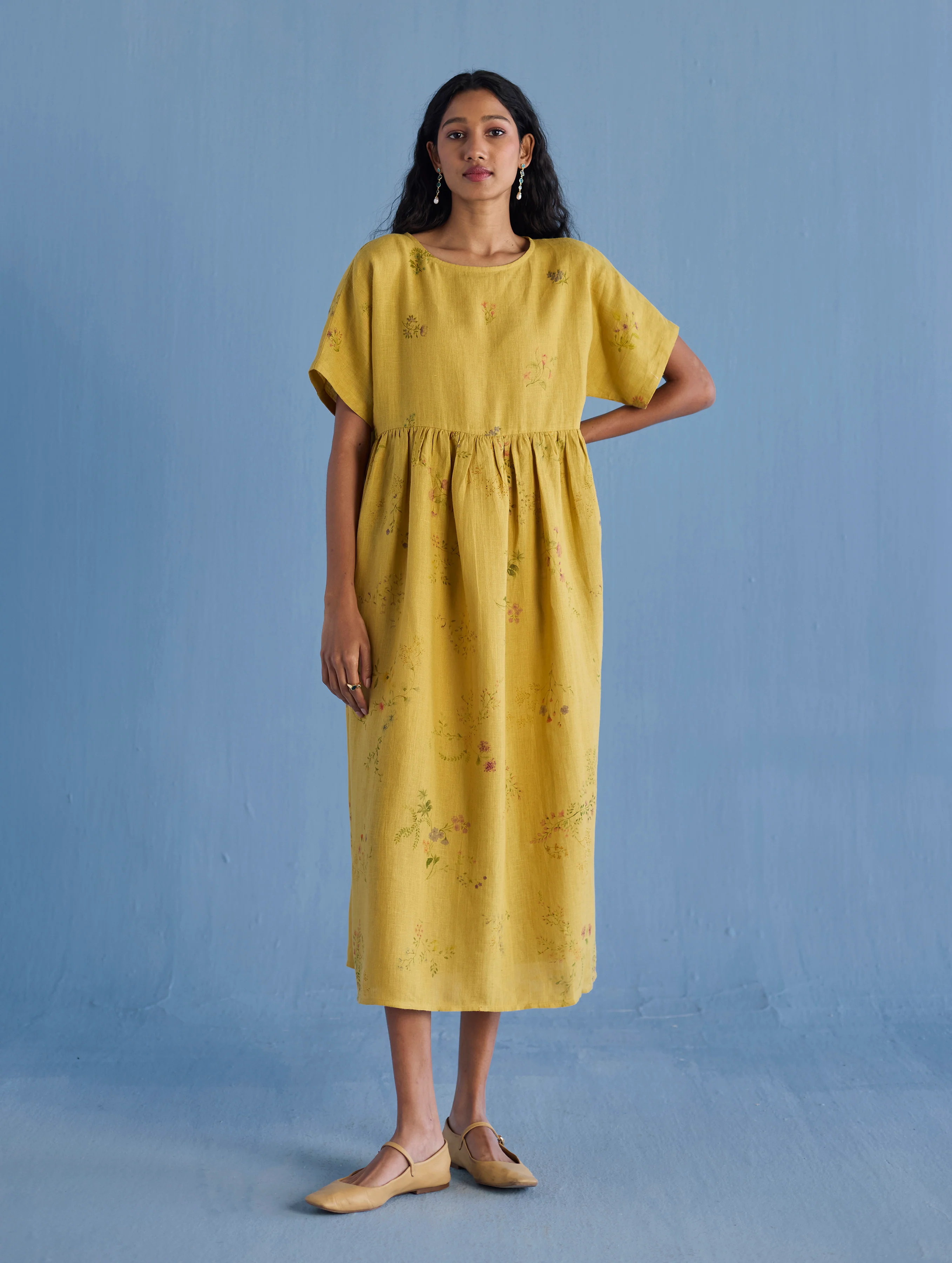 Uniko Pleated Floral Linen Dress - Ochre - Image 5