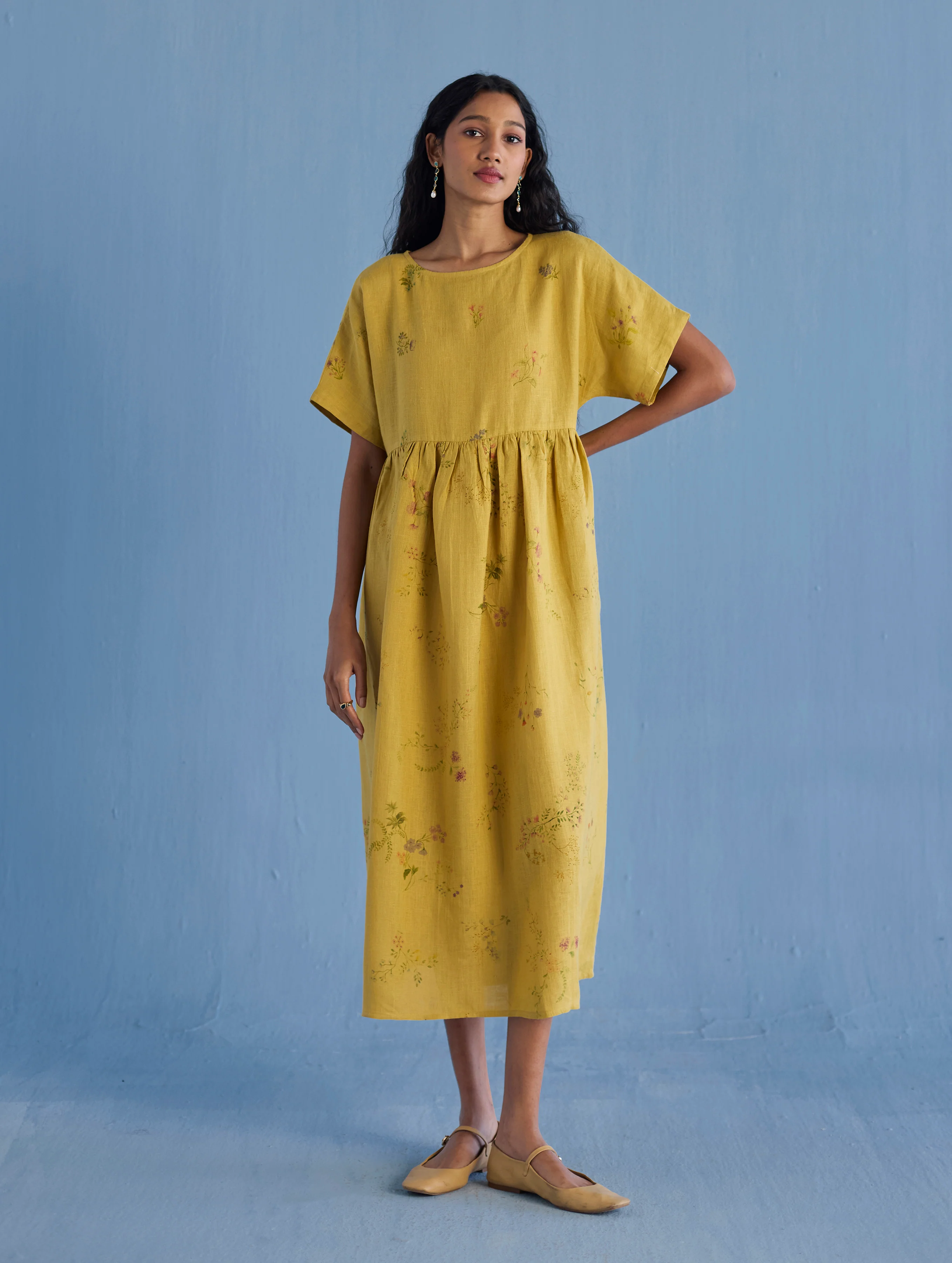 Uniko Pleated Floral Linen Dress - Ochre - Image 6