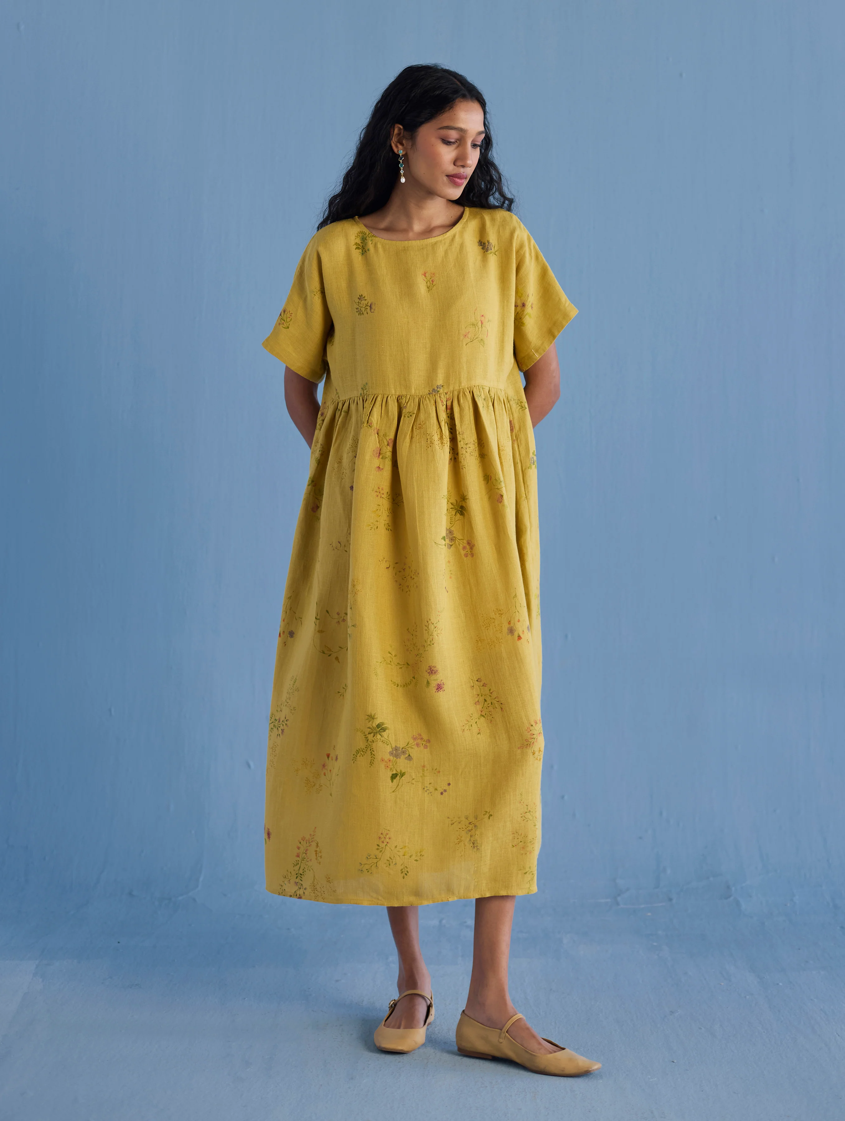 Uniko Pleated Floral Linen Dress - Ochre - Image 7