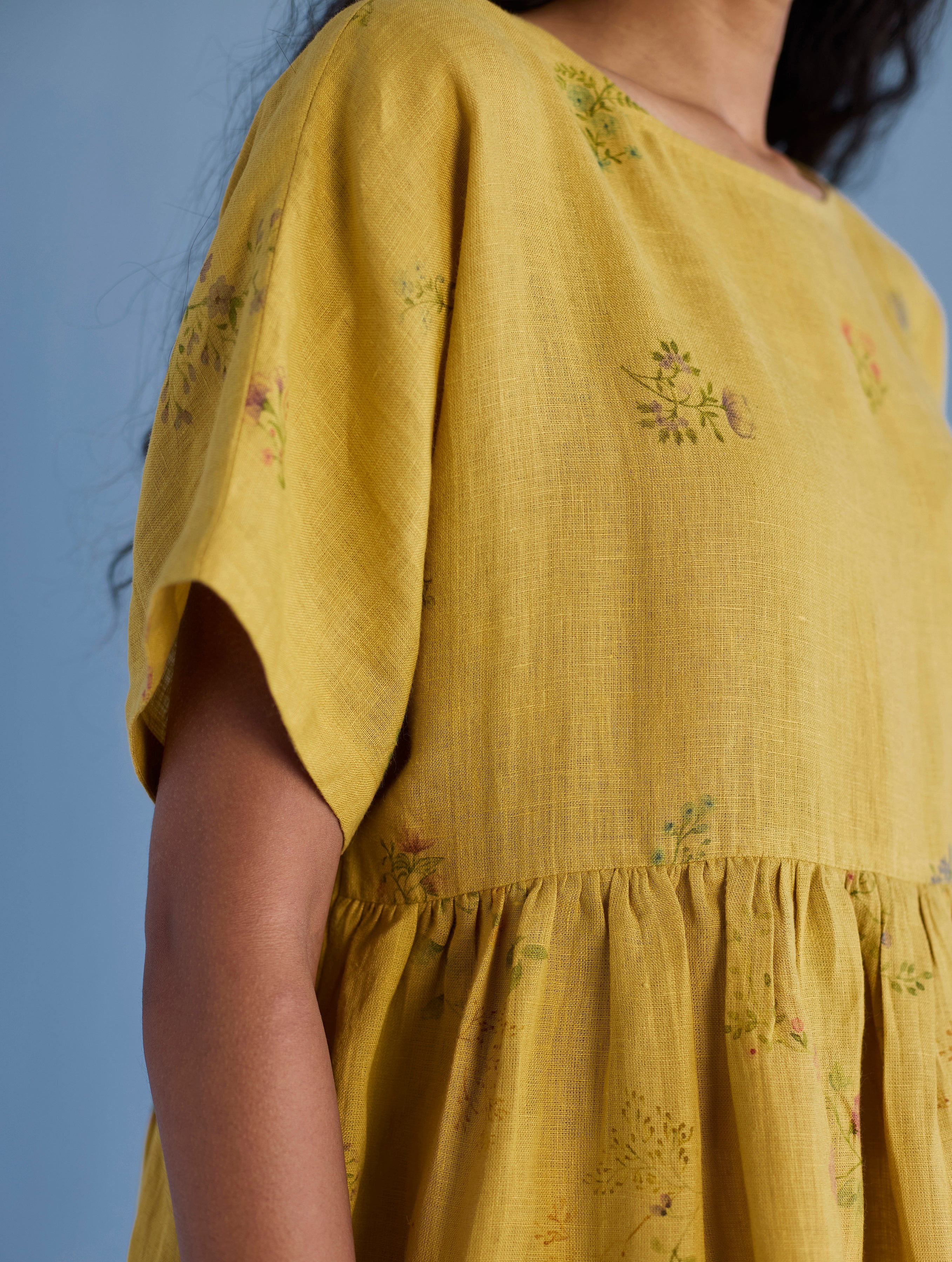 Uniko Pleated Floral Linen Dress - Ochre - Image 8