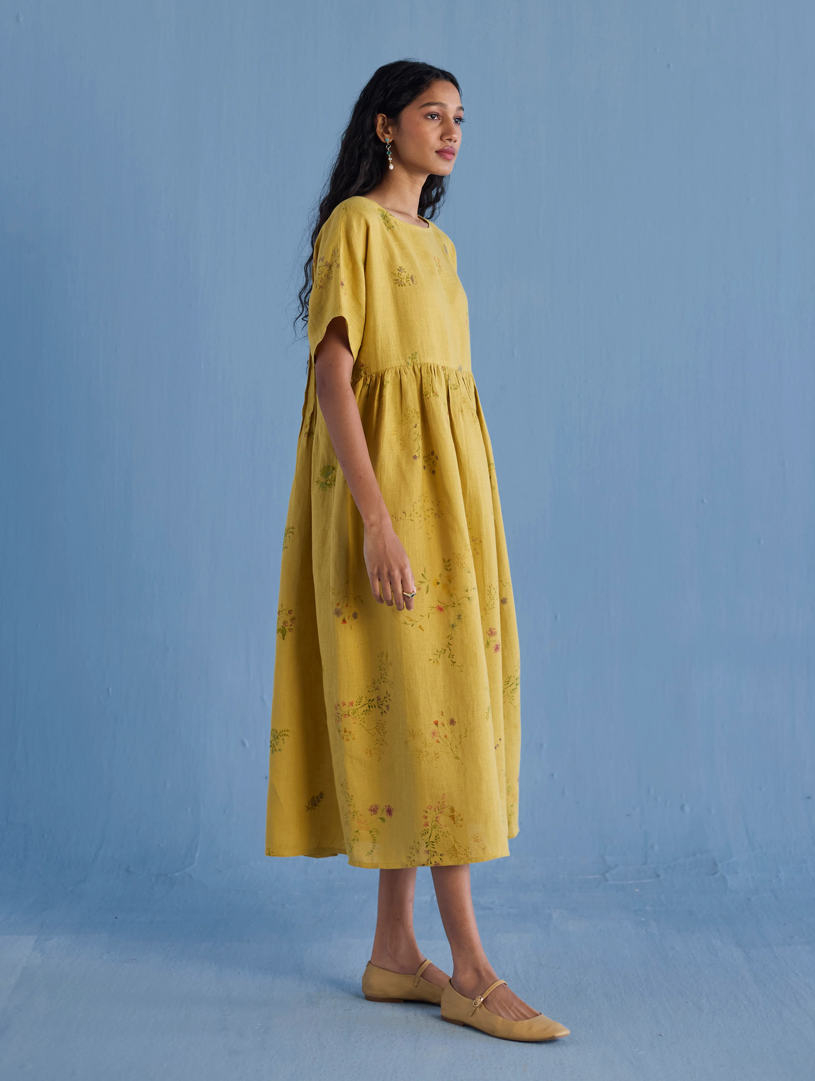 Uniko Pleated Floral Linen Dress - Ochre - Image 9