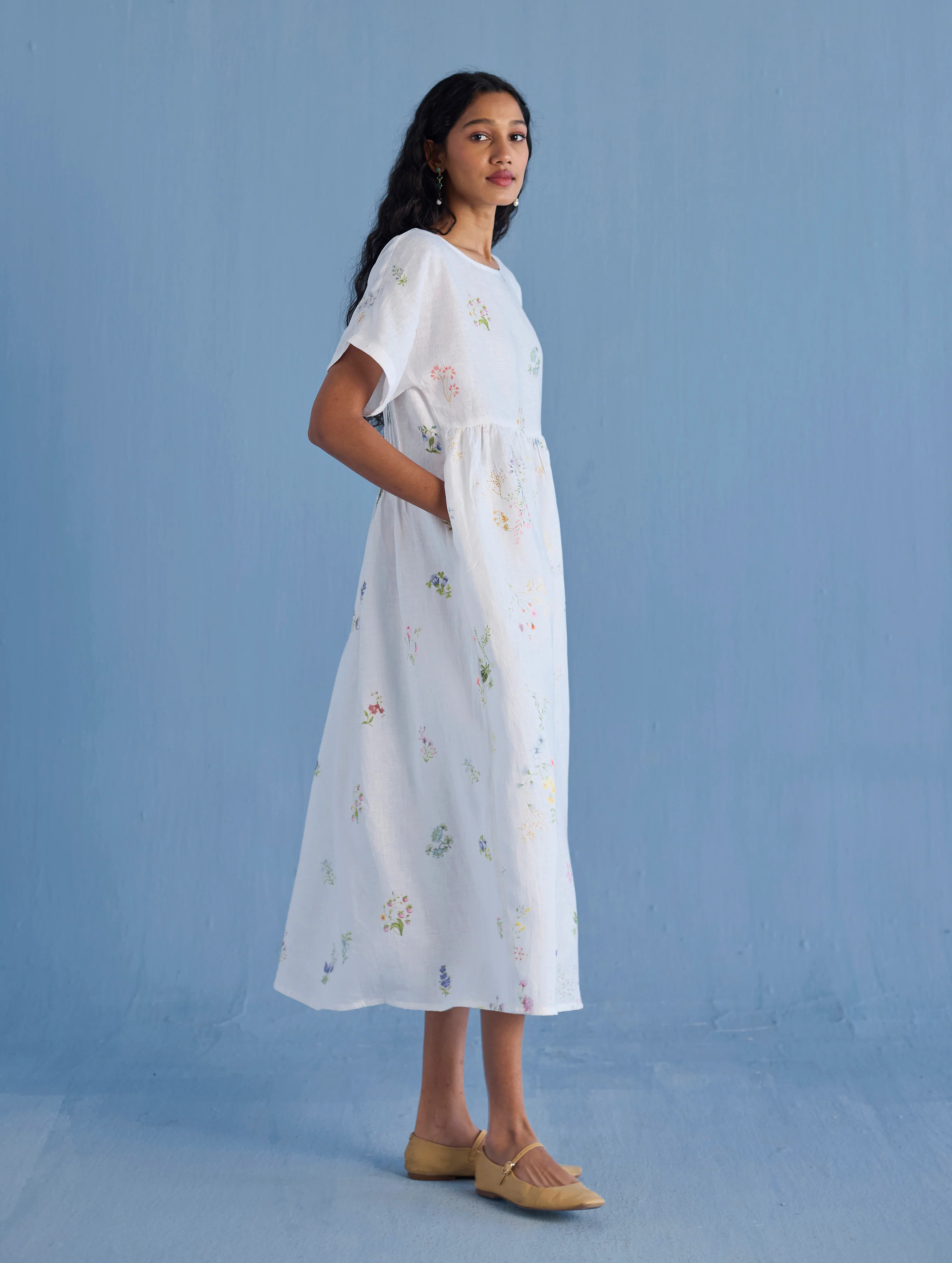 Uniko Pleated Floral Linen Dress - White - Image 8