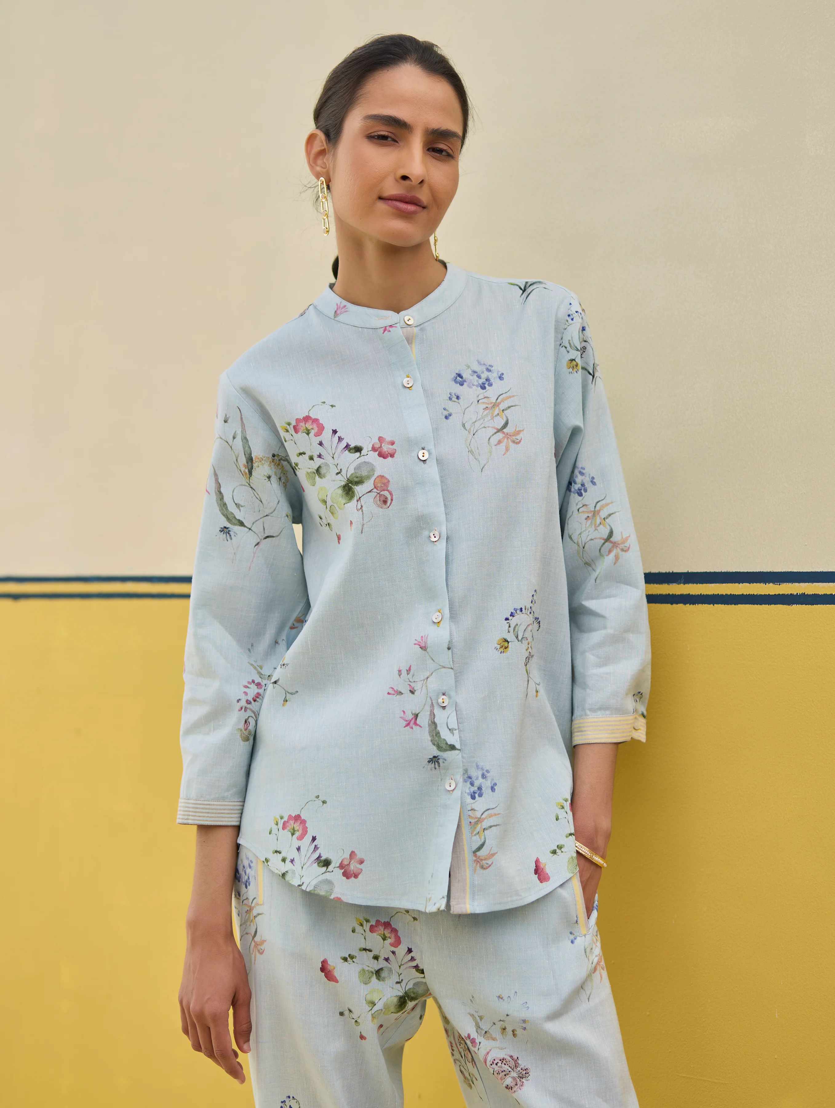Vani Watercolour Floral Shirt - Sky - Image 3