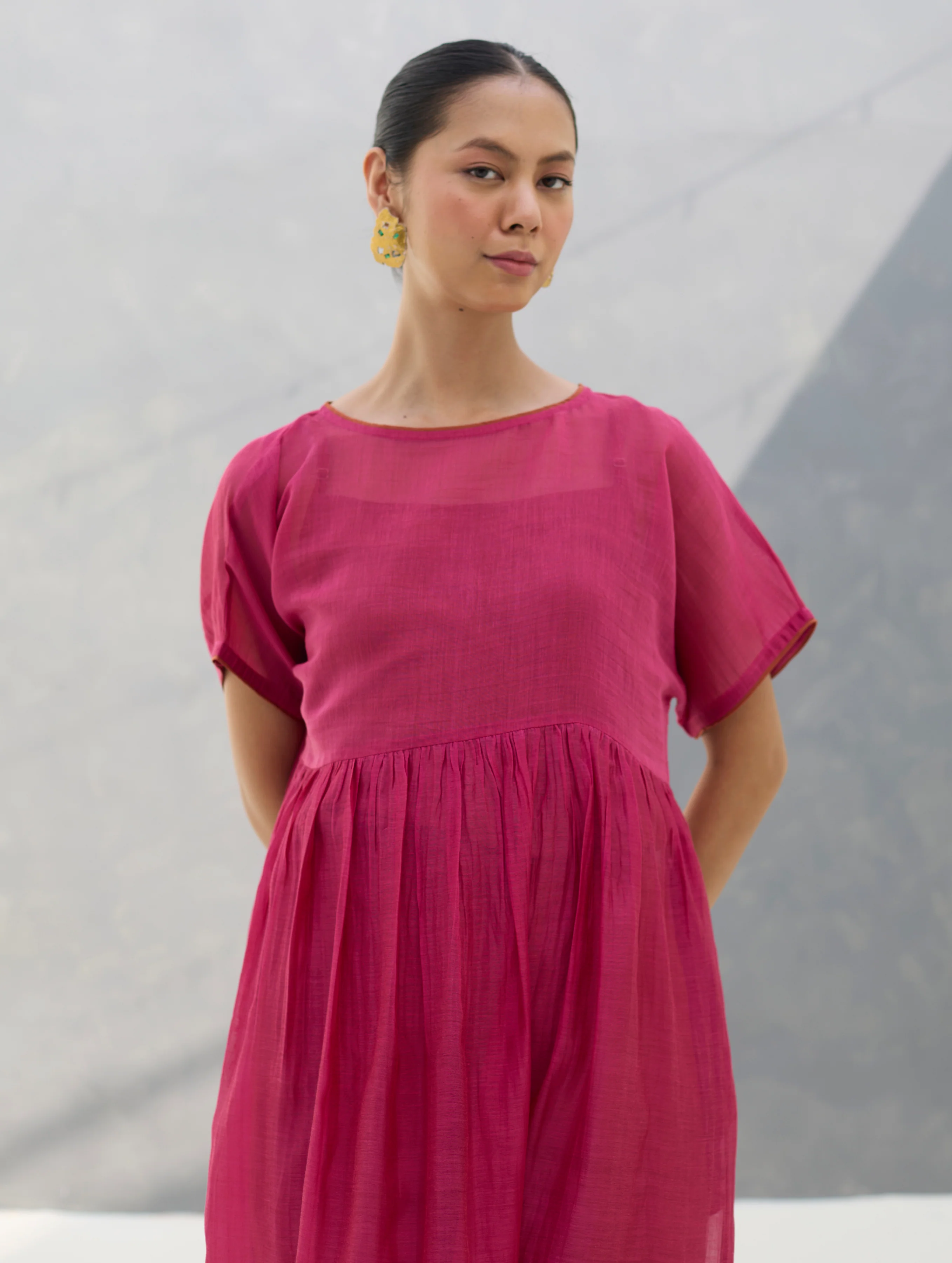 Vara Sheer Silk Chanderi Dress - Rose - Image 4