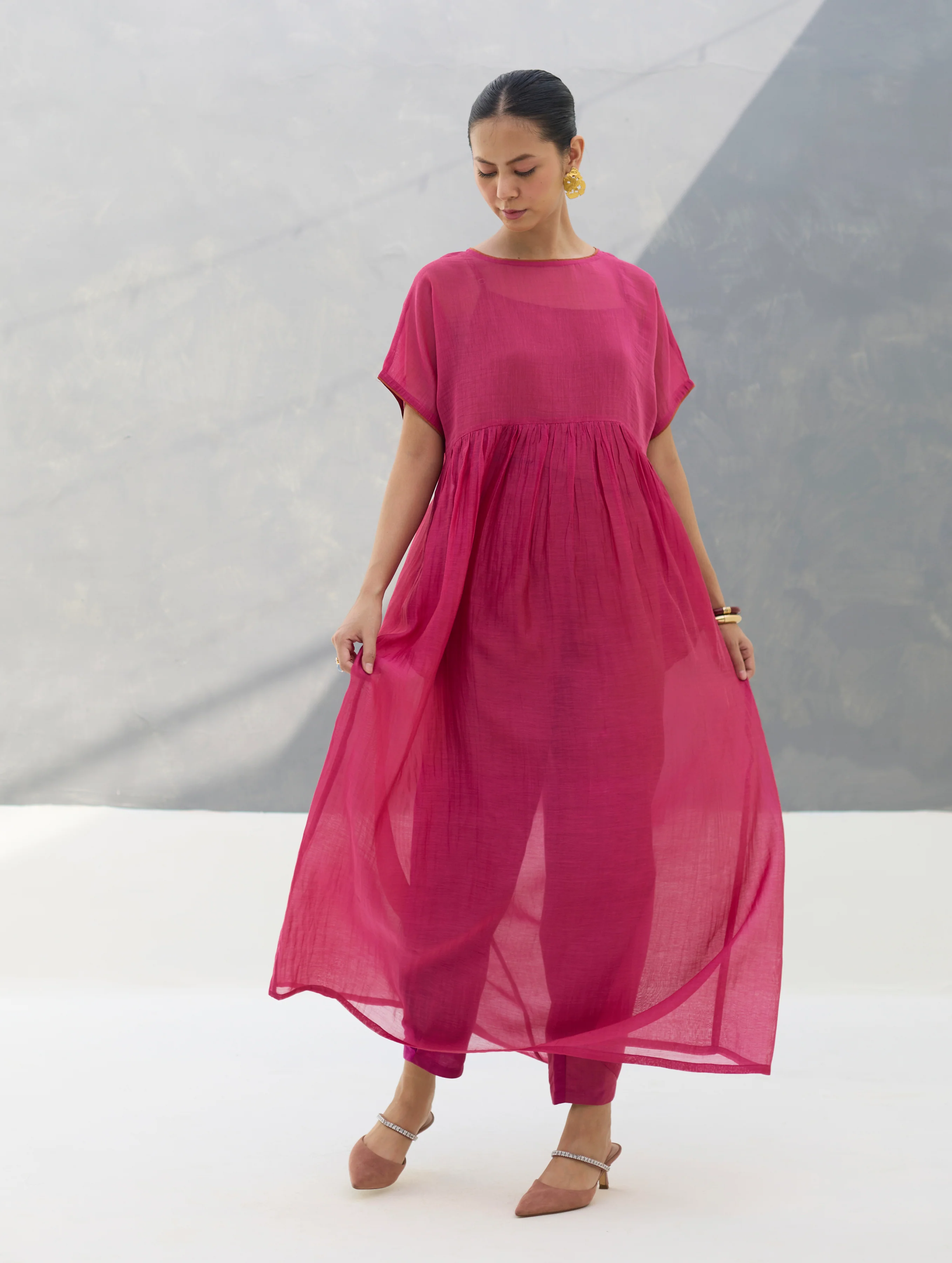 Vara Sheer Silk Chanderi Dress - Rose - Image 5