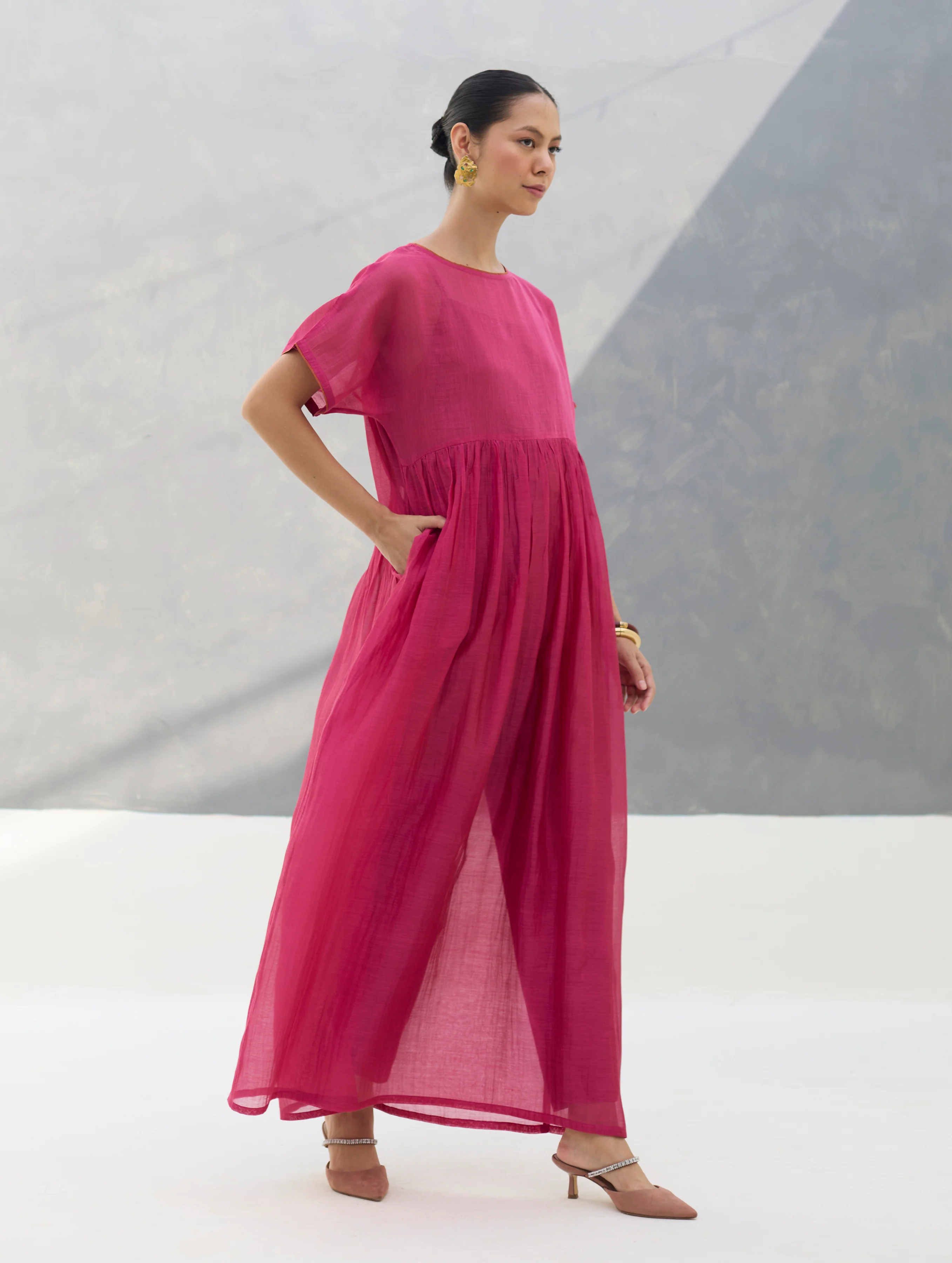 Vara Sheer Silk Chanderi Dress - Rose - Image 7
