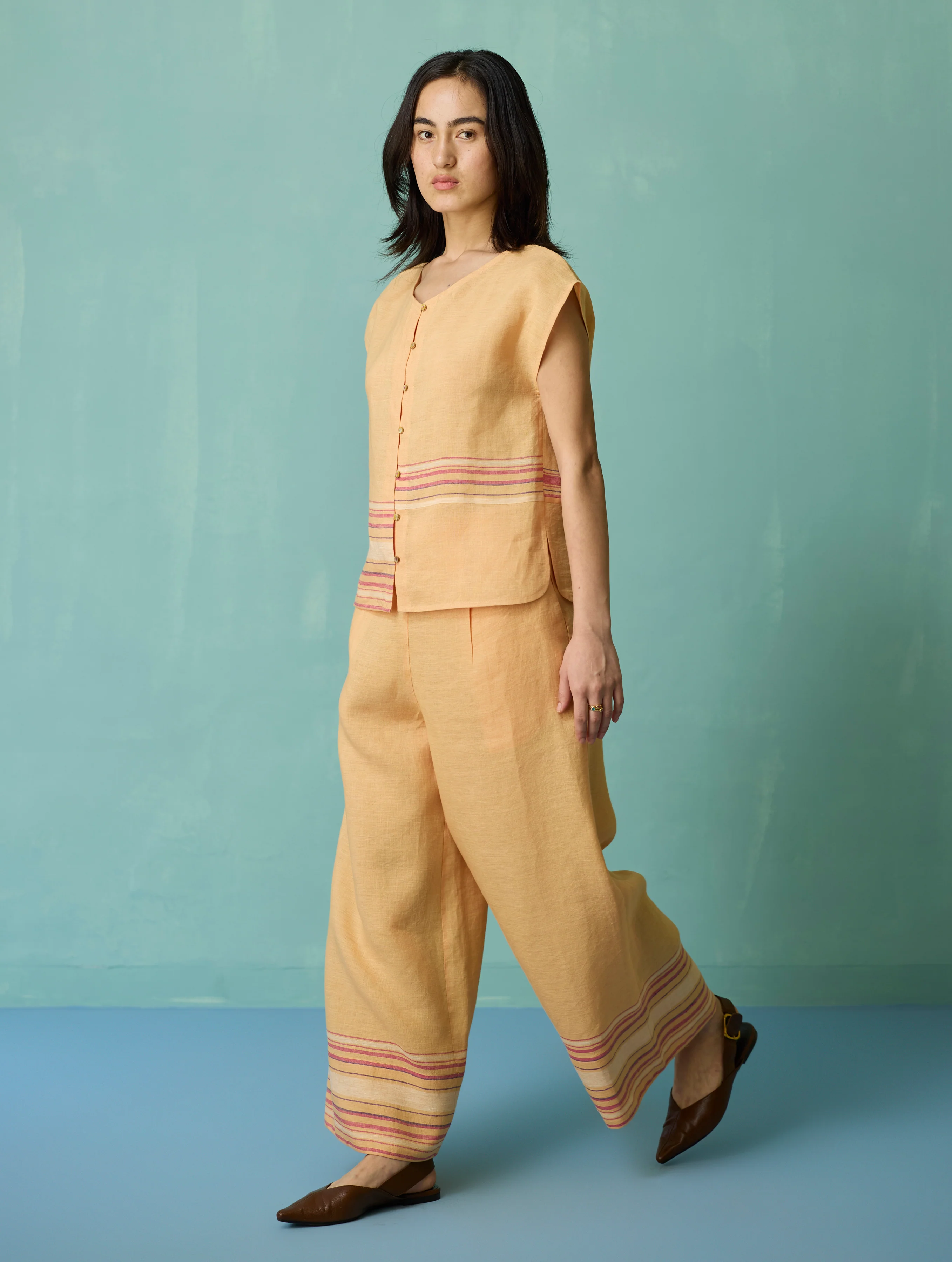 Xora Border Linen Cap-Sleeve Co-ord Set - Apricot - Image 3