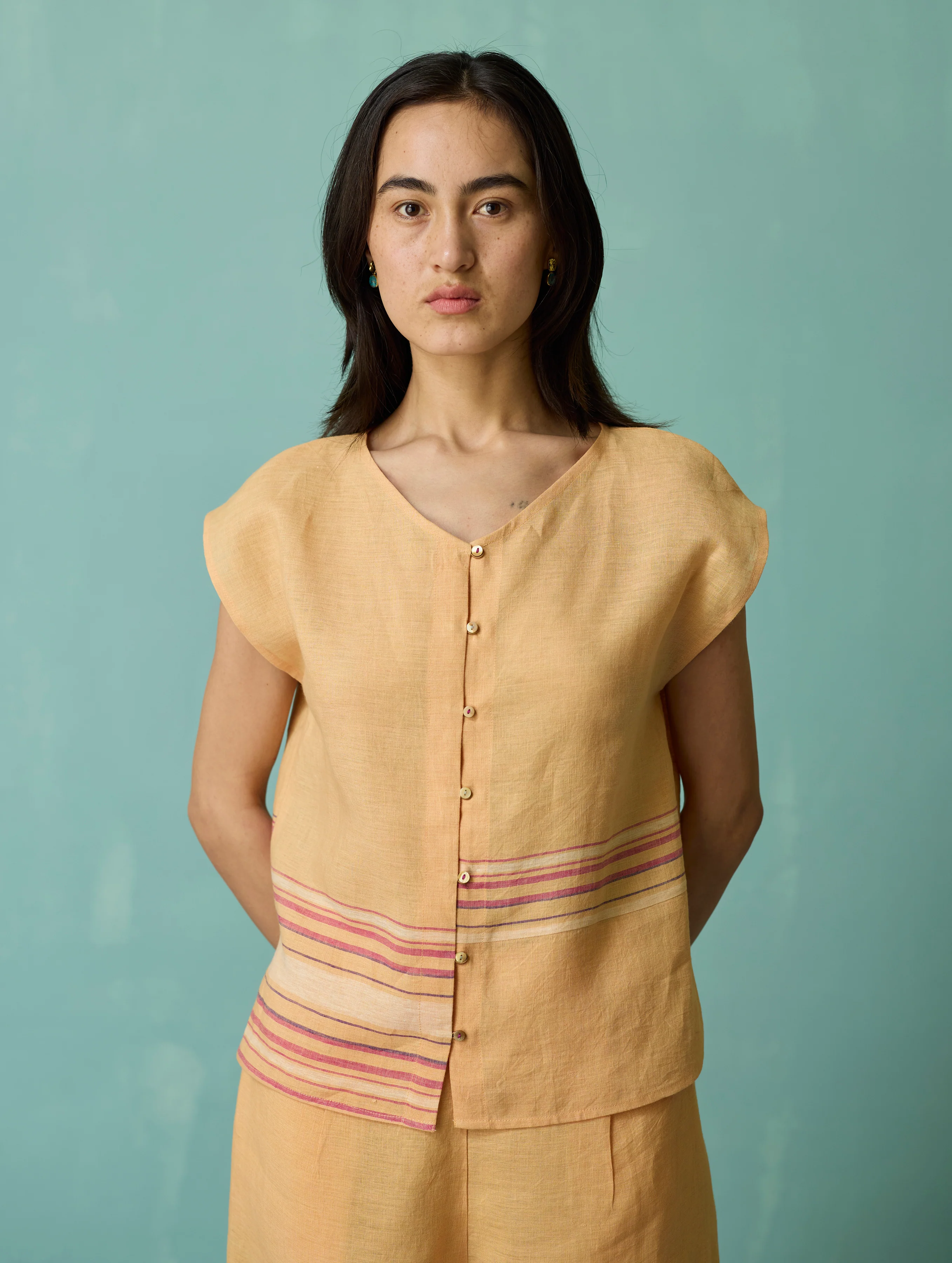 Xora Border Linen Cap-Sleeve Co-ord Set - Apricot - Image 8