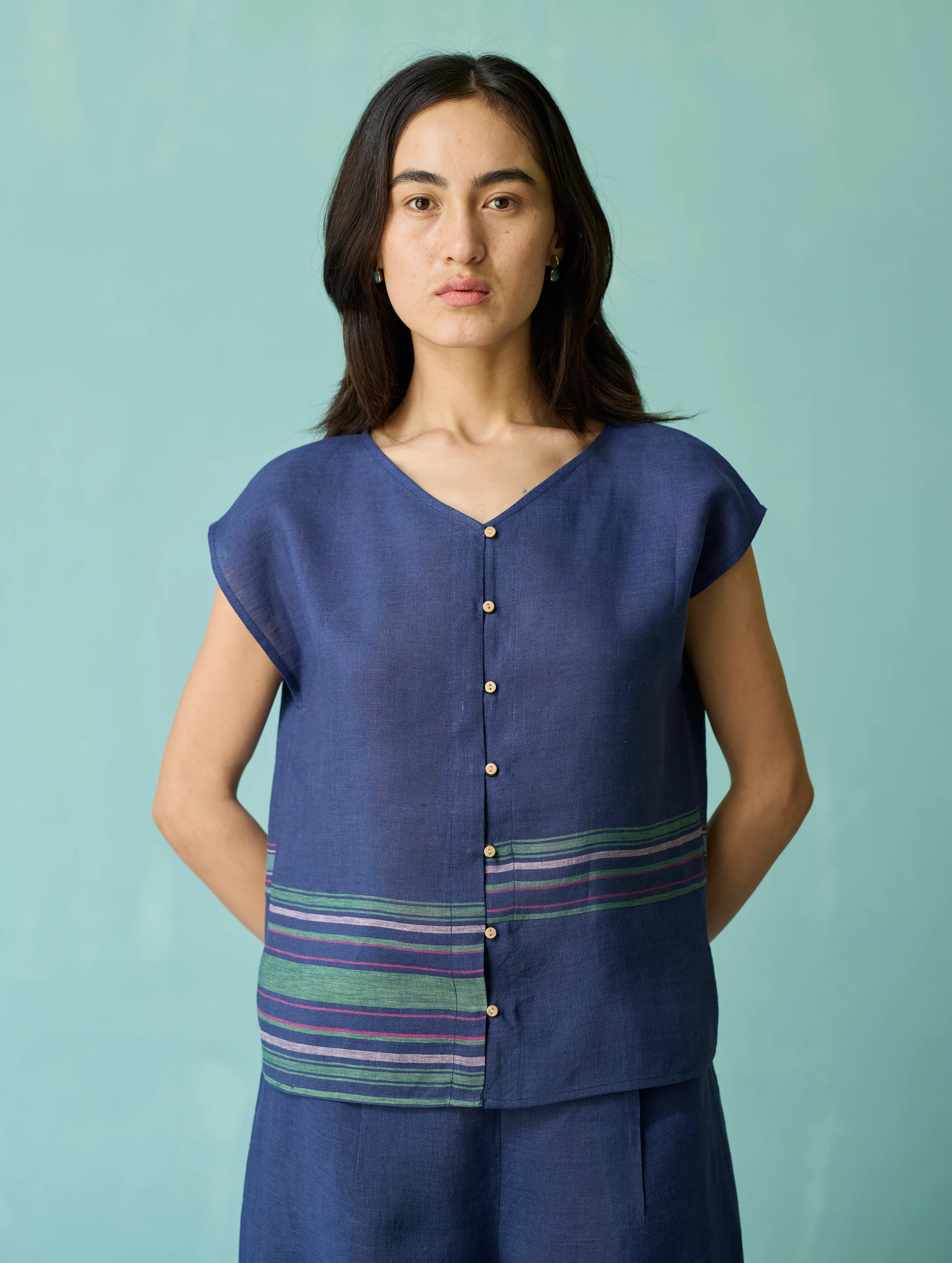 Xora Border Linen Cap-Sleeve Co-ord Set - Indigo - Image 4