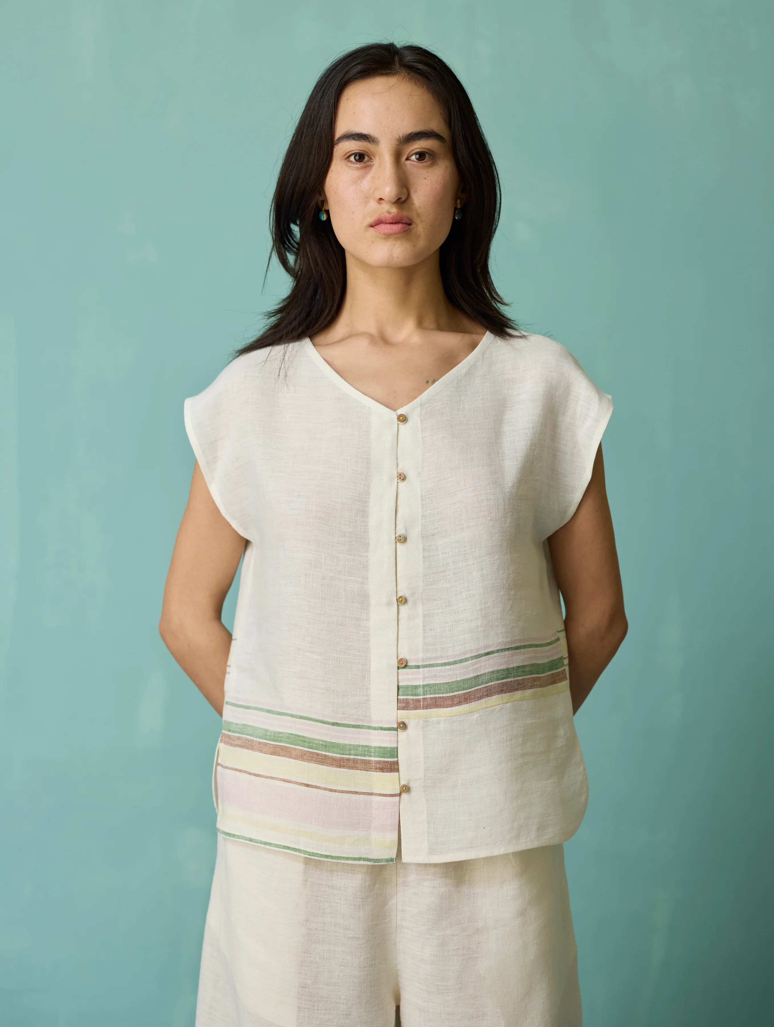 Xora Border Linen Cap-Sleeve Co-ord Set - Ivory - Image 2