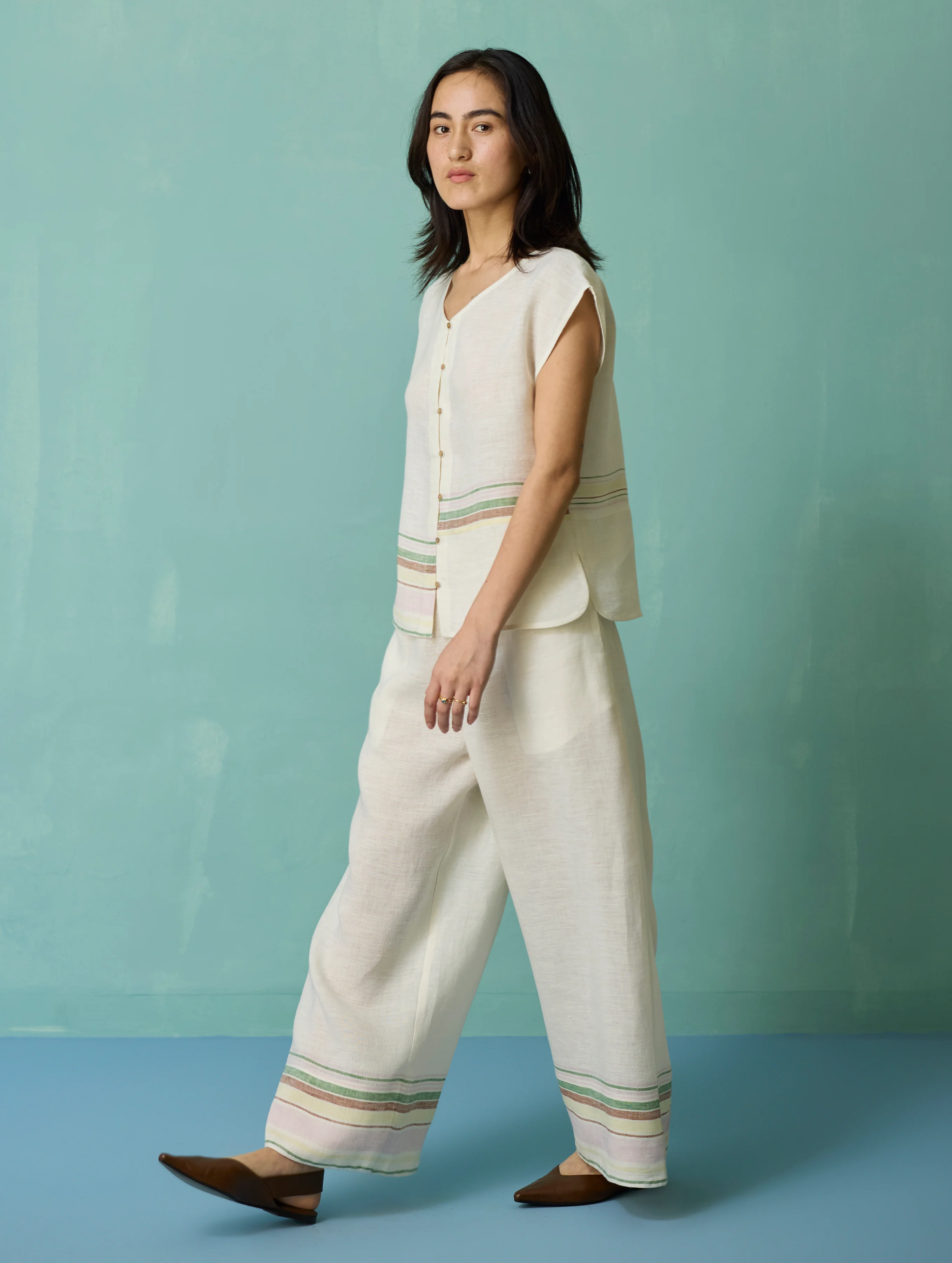Xora Border Linen Cap-Sleeve Co-ord Set - Ivory - Image 5