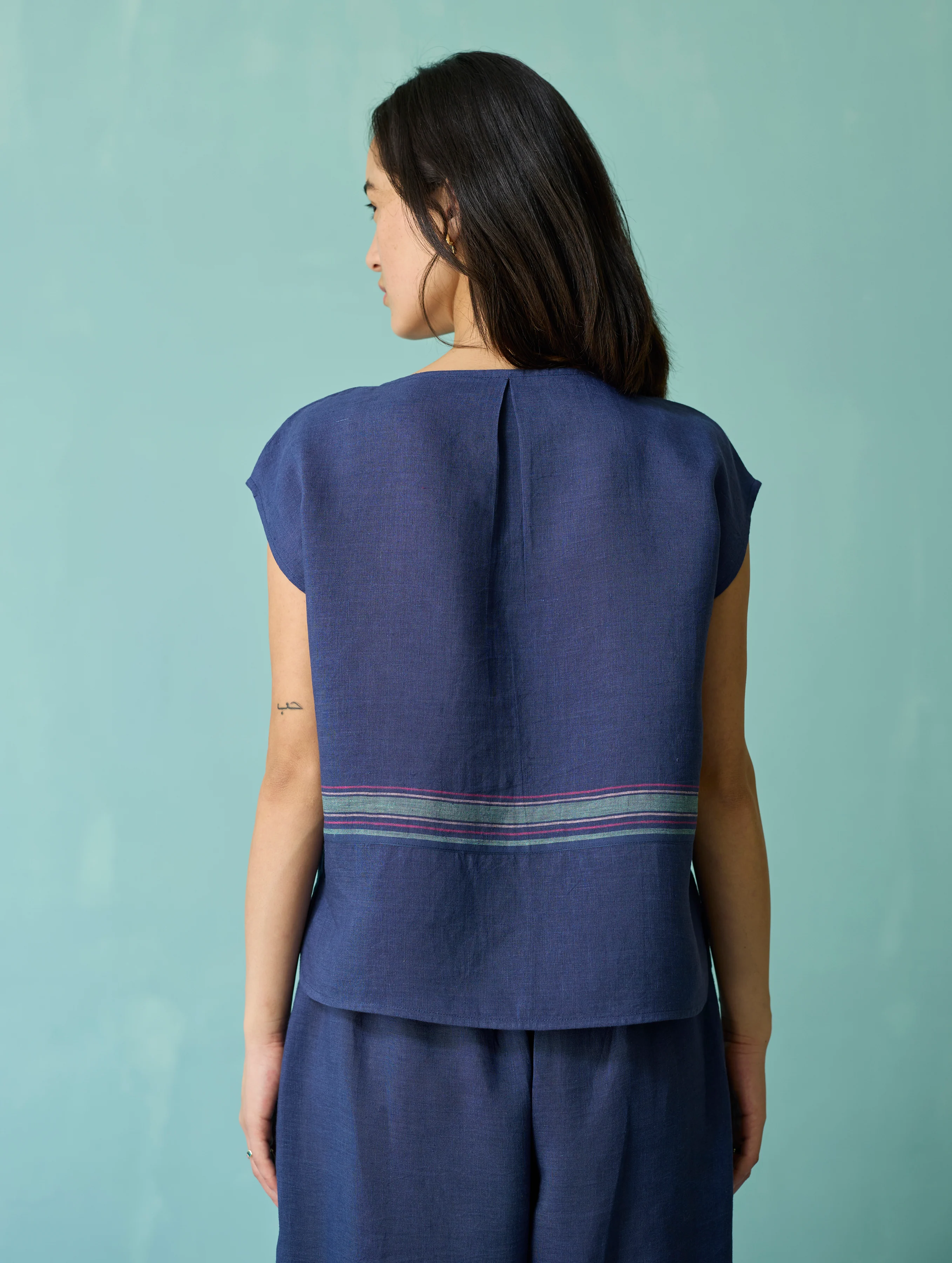 Xora Border Linen Cap-Sleeve Top - Indigo - Image 10