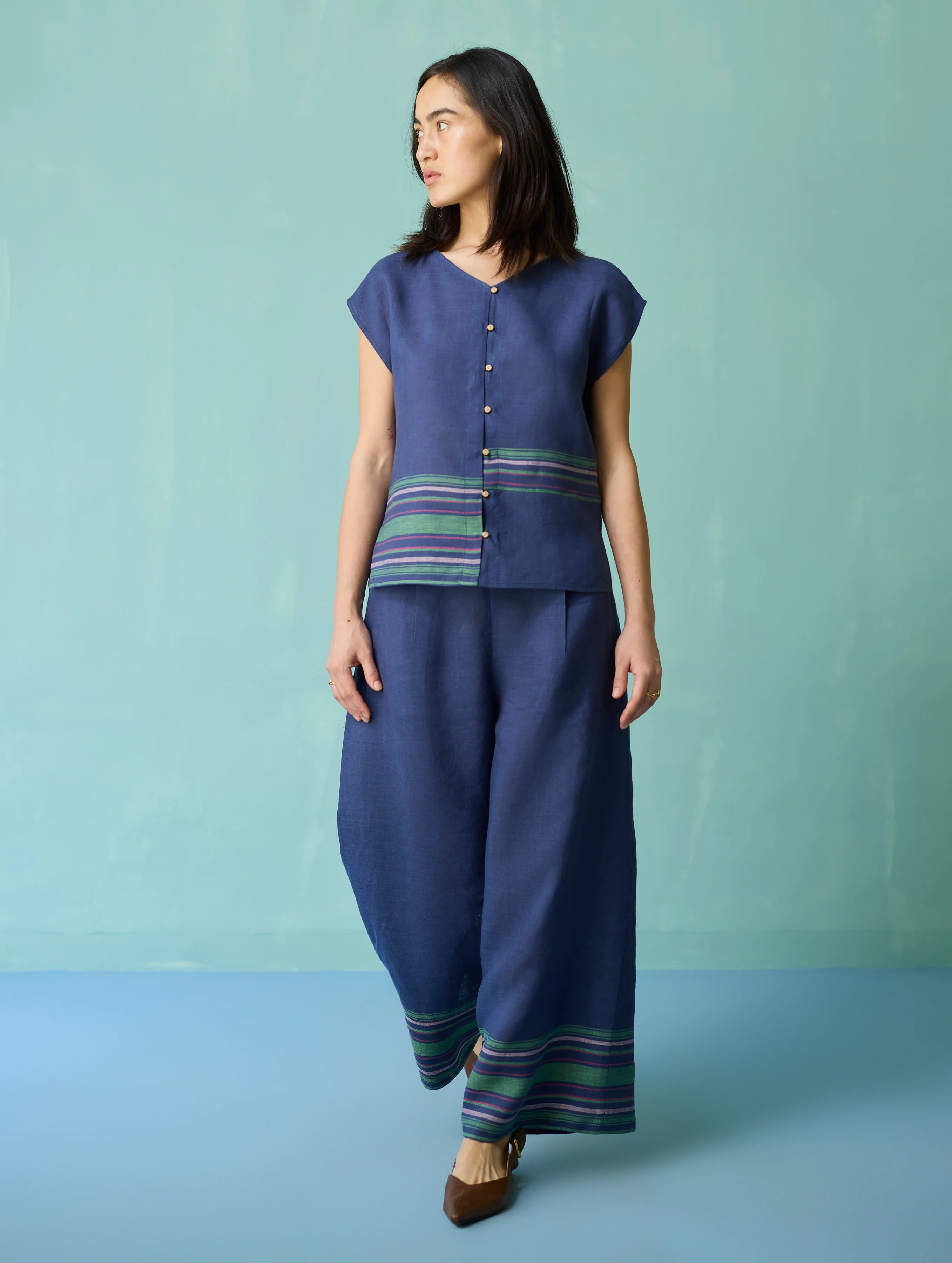 Xora Border Linen Cap-Sleeve Top - Indigo - Image 2
