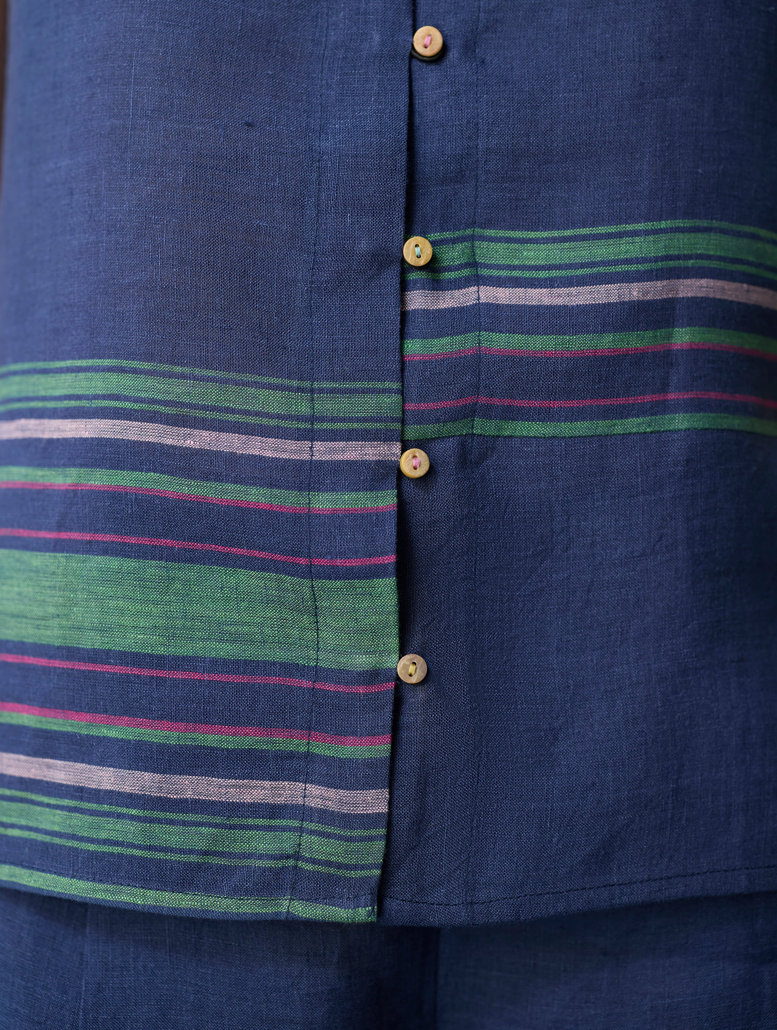 Xora Border Linen Cap-Sleeve Top - Indigo - Image 3
