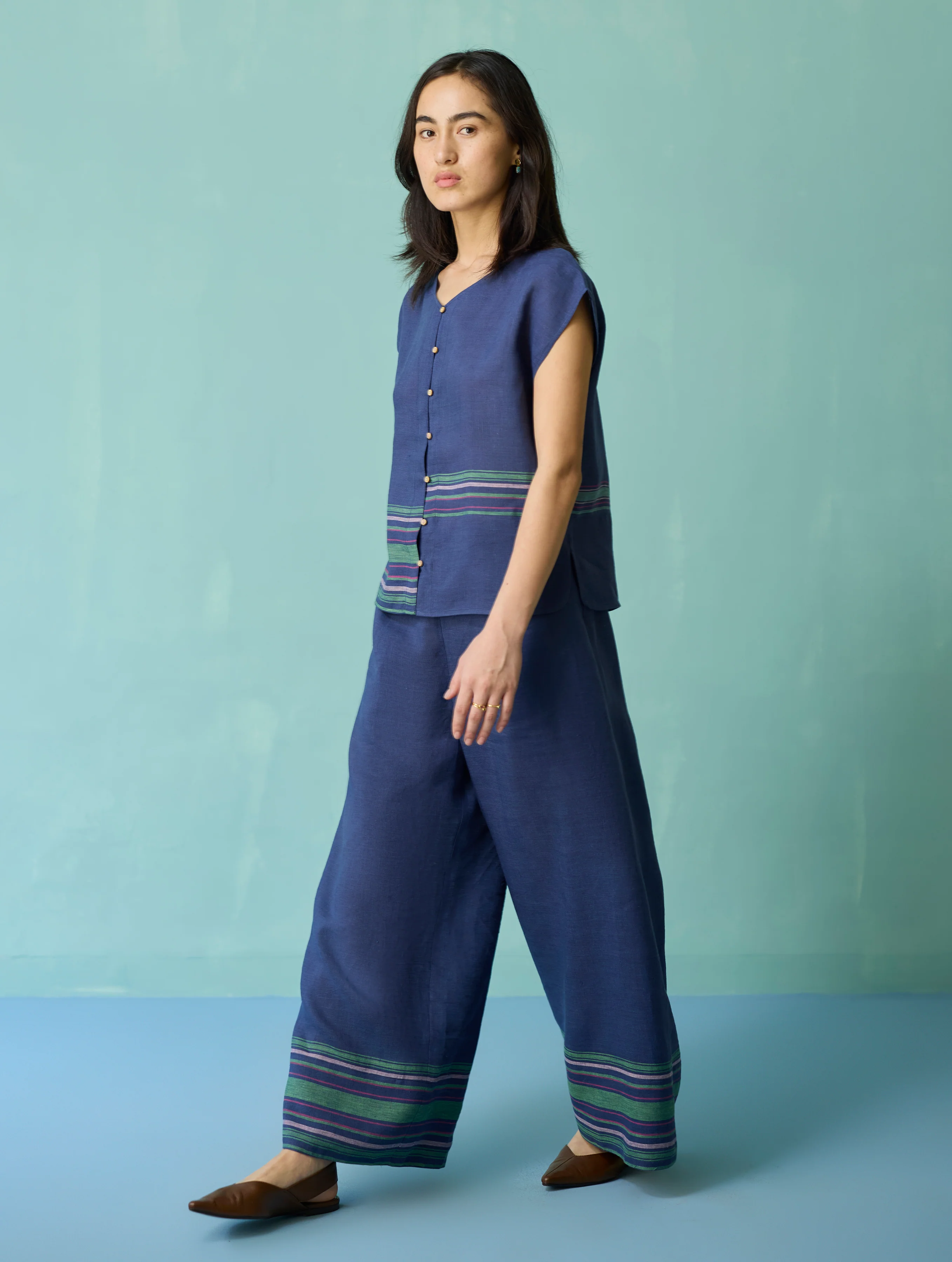 Xora Border Linen Cap-Sleeve Top - Indigo - Image 4