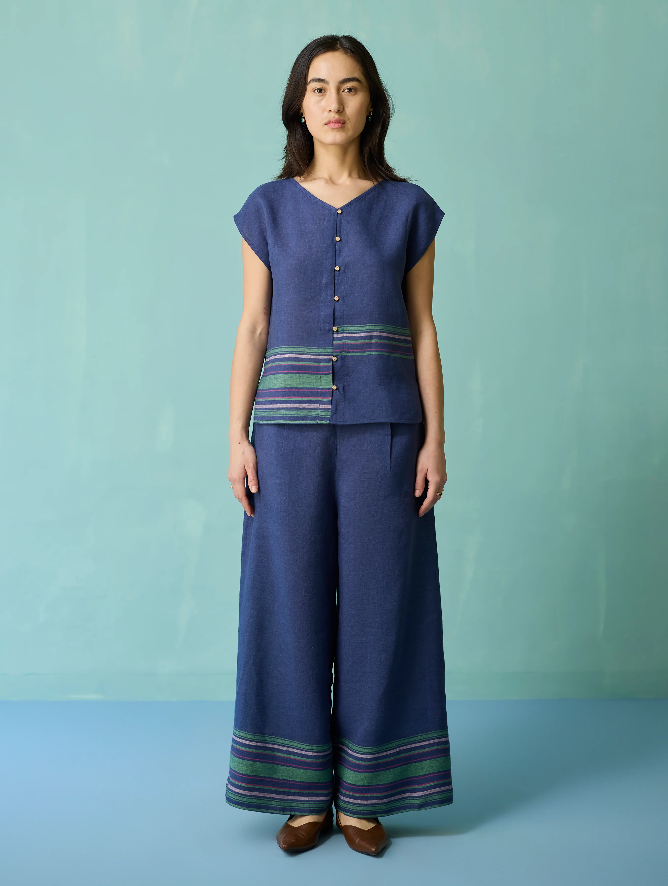 Xora Border Linen Cap-Sleeve Top - Indigo - Image 5