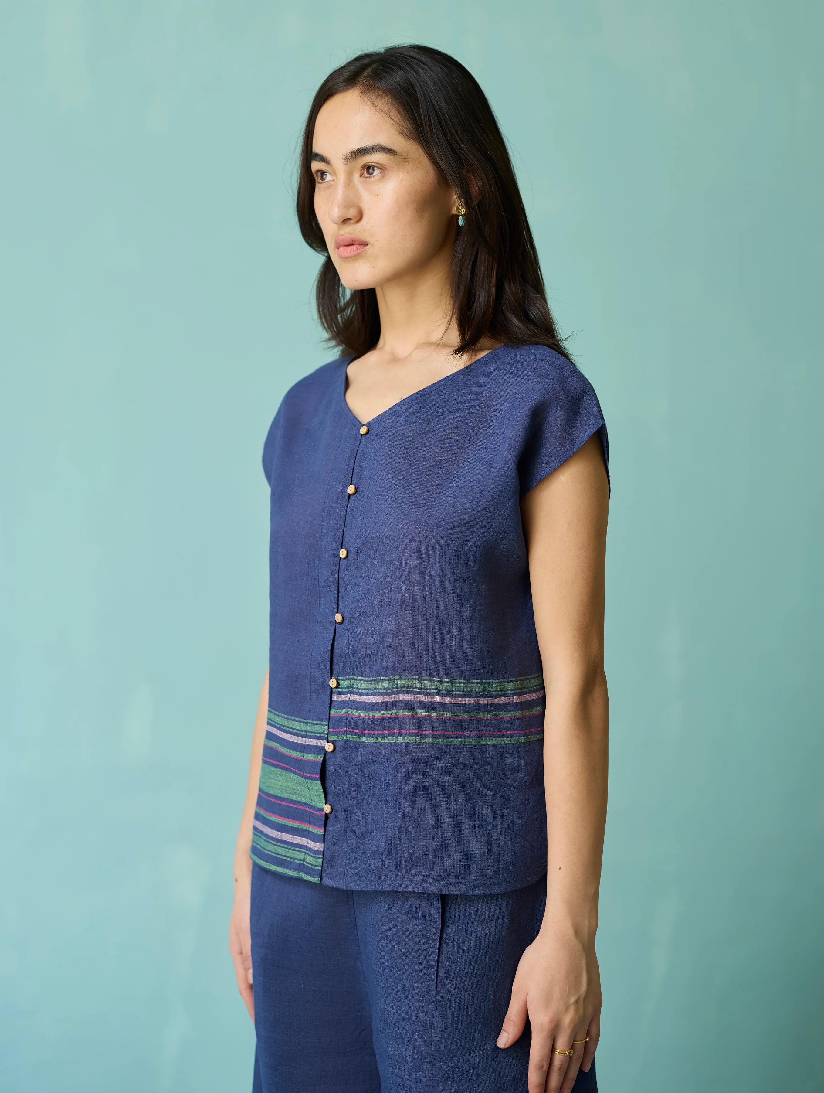 Xora Border Linen Cap-Sleeve Top - Indigo - Image 6