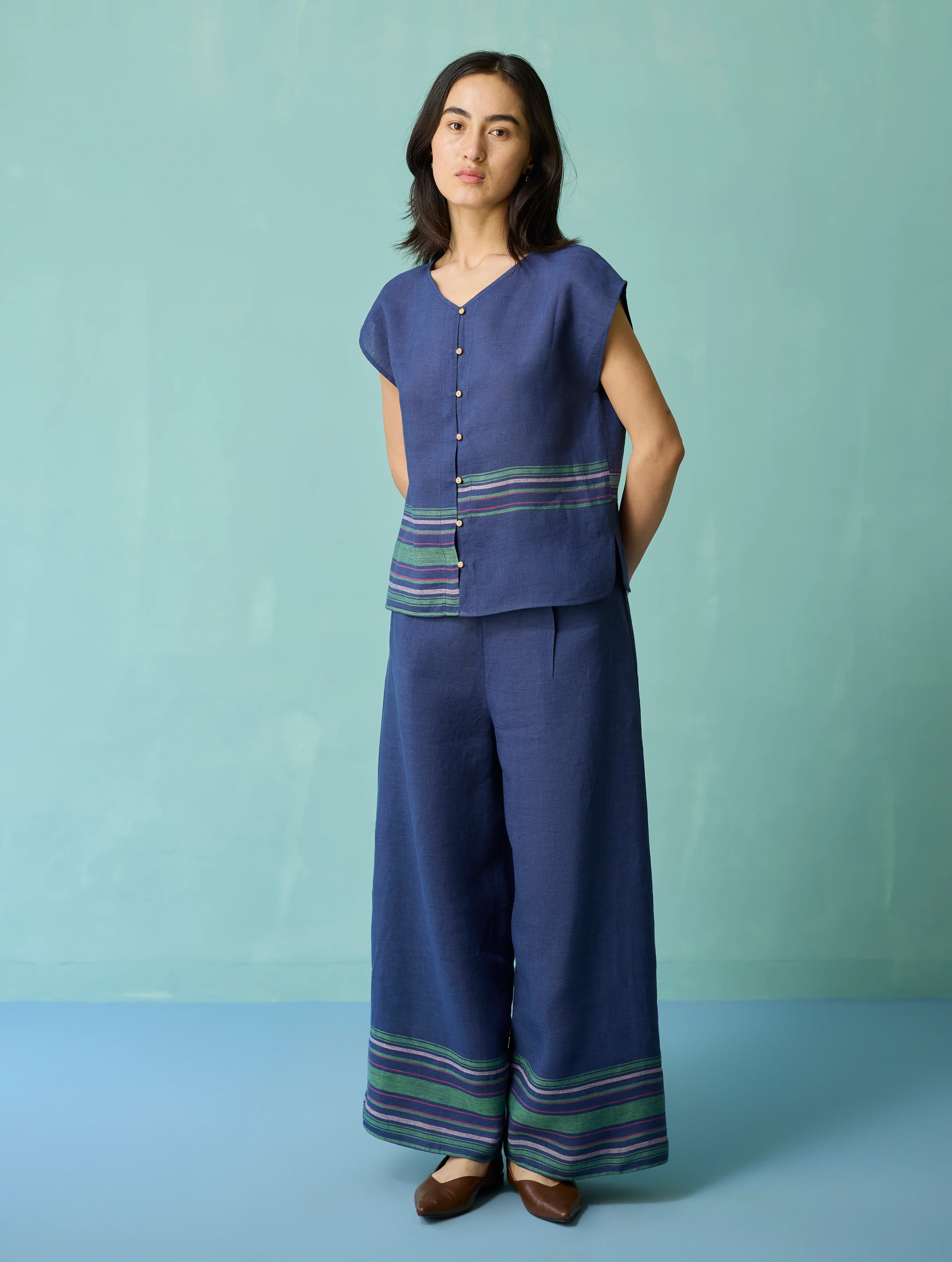 Xora Border Linen Cap-Sleeve Top - Indigo - Image 7