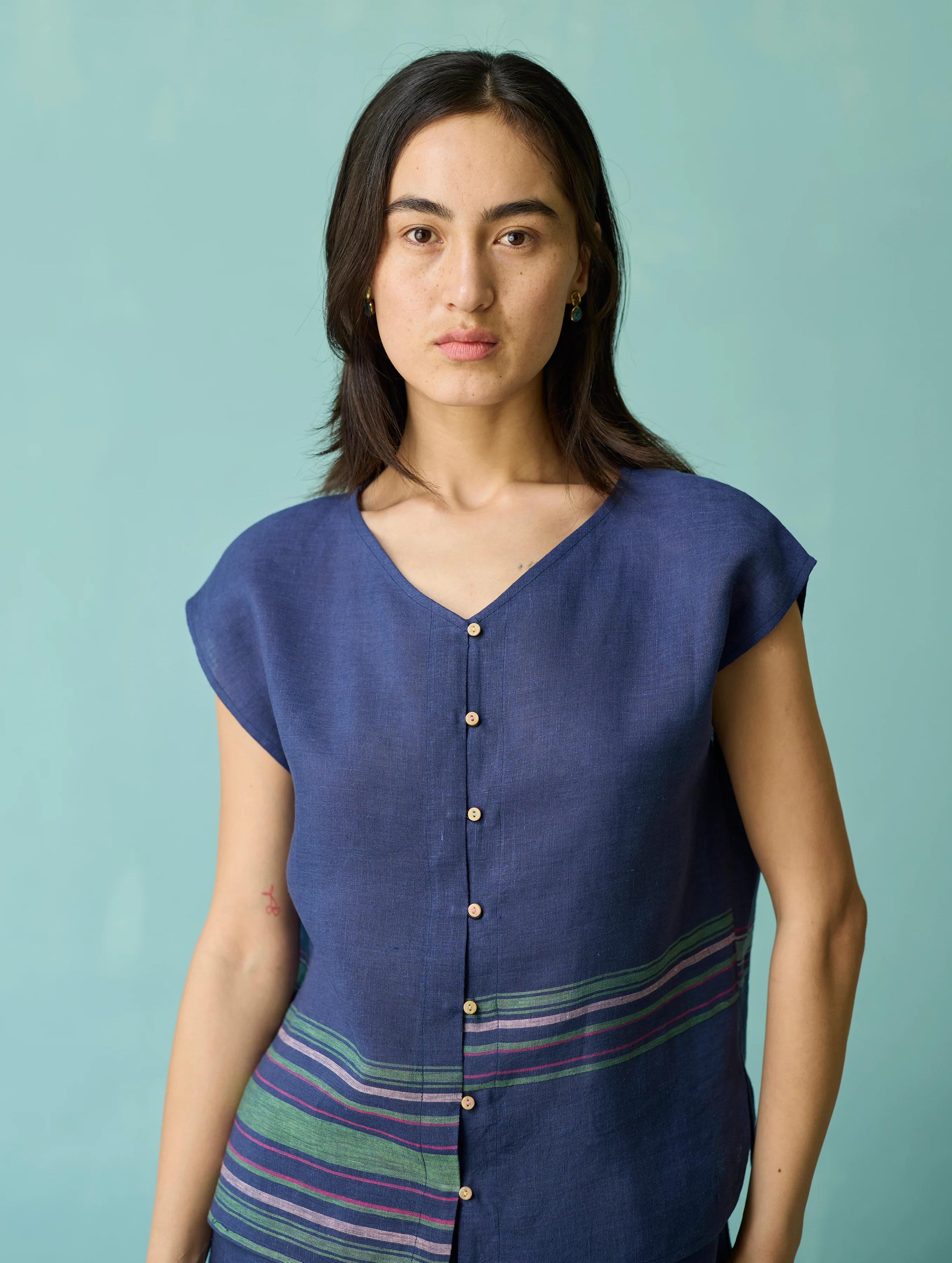 Xora Border Linen Cap-Sleeve Top - Indigo - Image 8