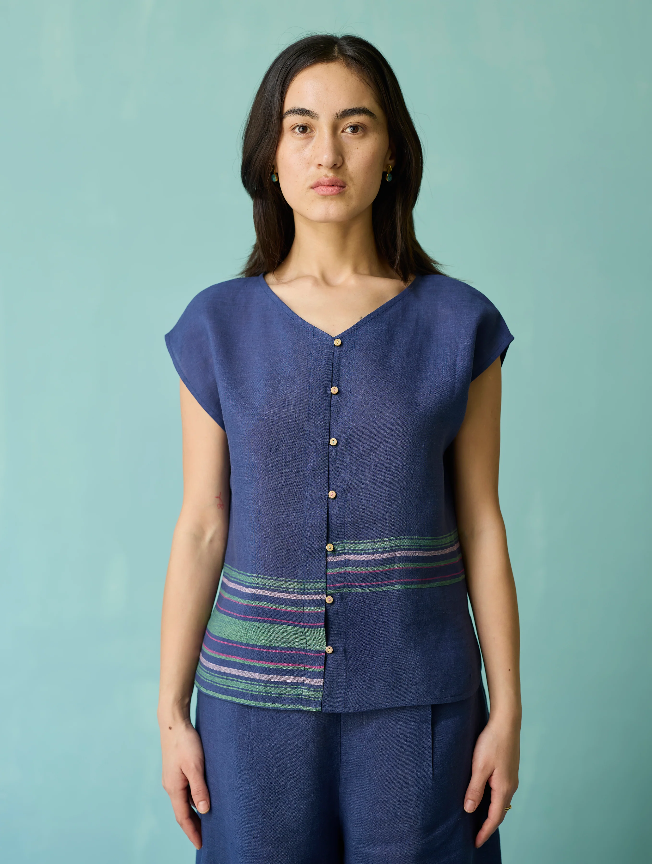 Xora Border Linen Cap-Sleeve Top - Indigo - Image 9