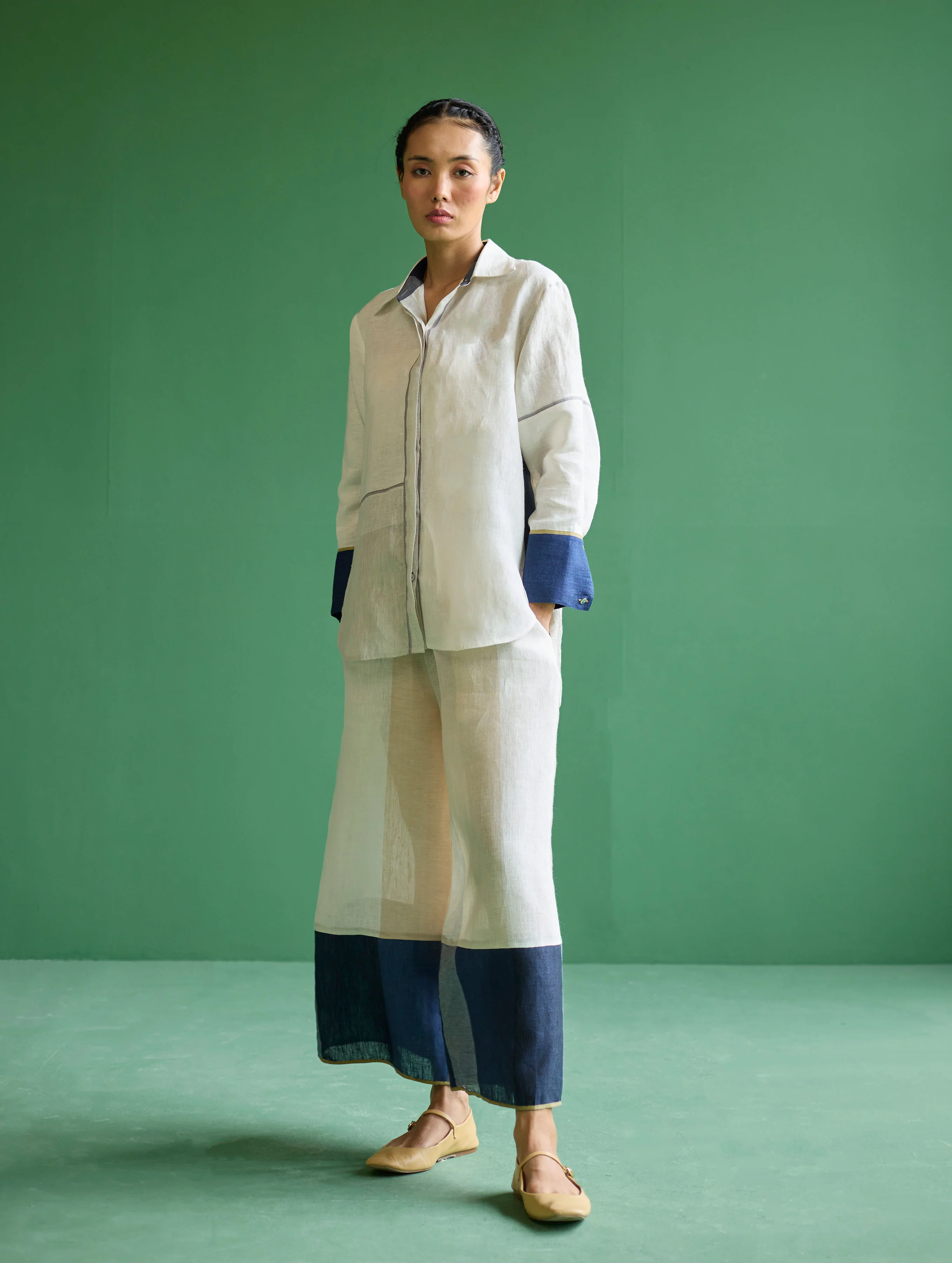 Yang Color-Blocked Metallic Linen Shirt - Ivory - Image 4