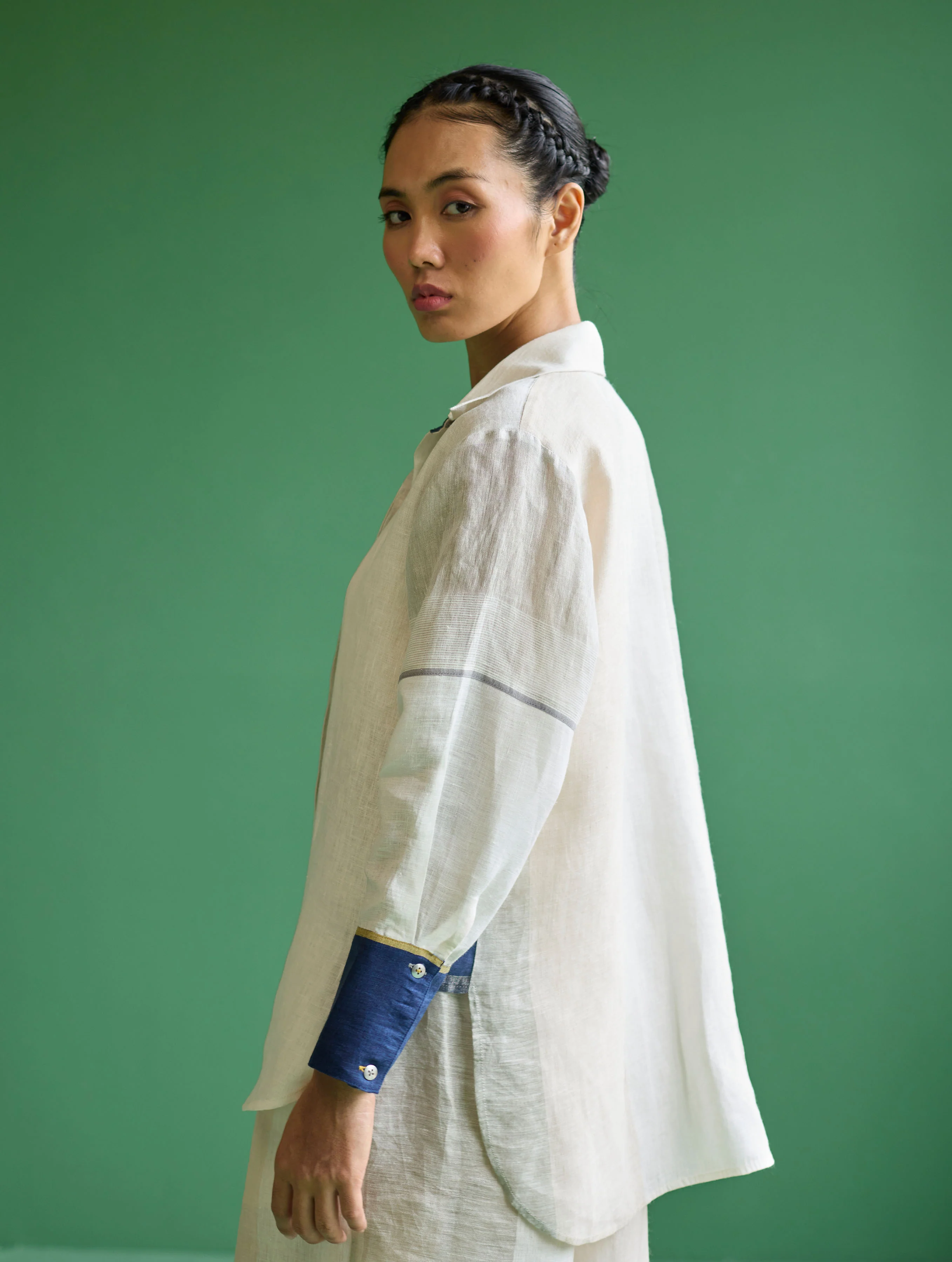 Yang Color-Blocked Metallic Linen Shirt - Ivory - Image 5