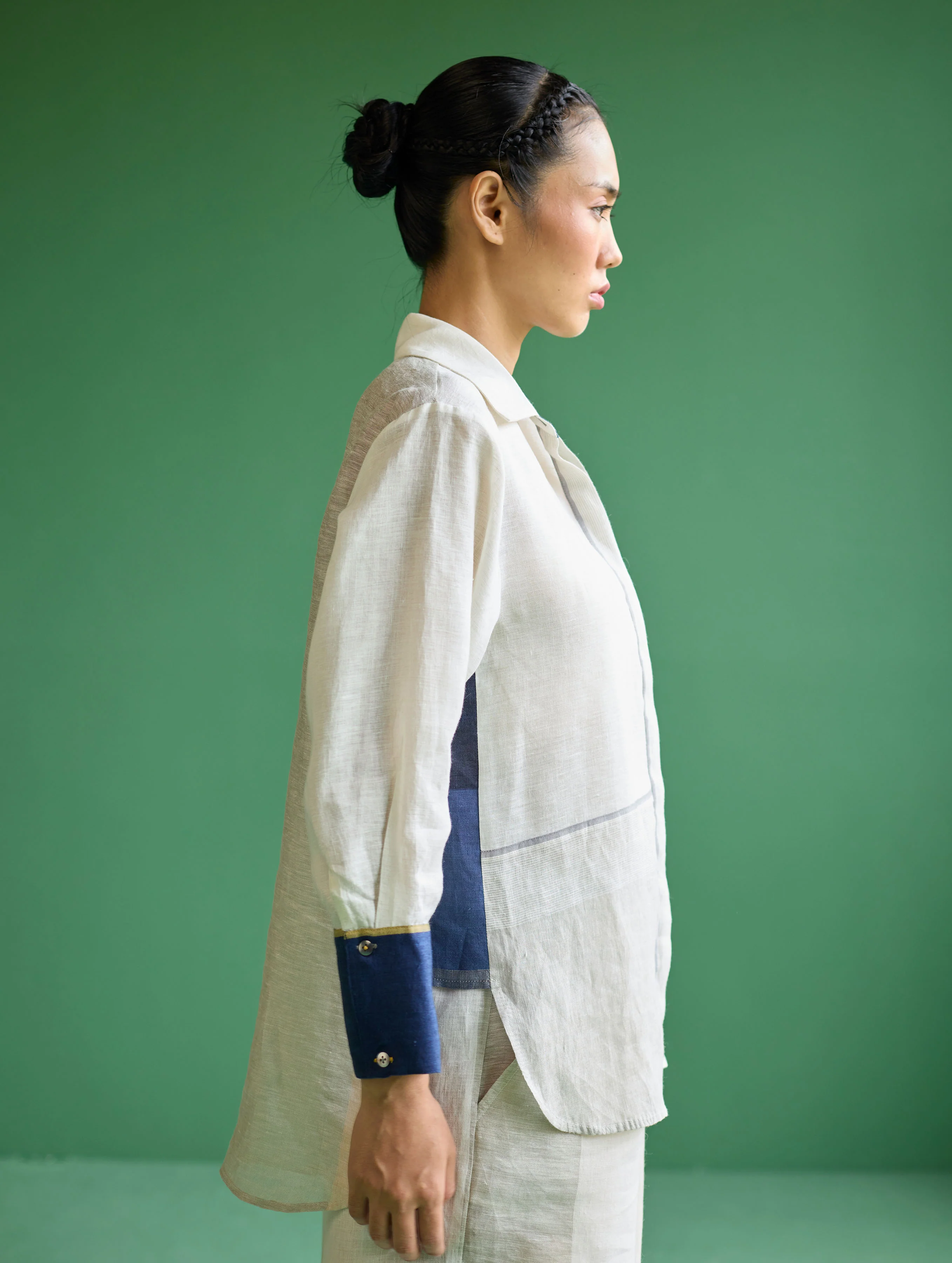 Yang Color-Blocked Metallic Linen Shirt - Ivory - Image 6