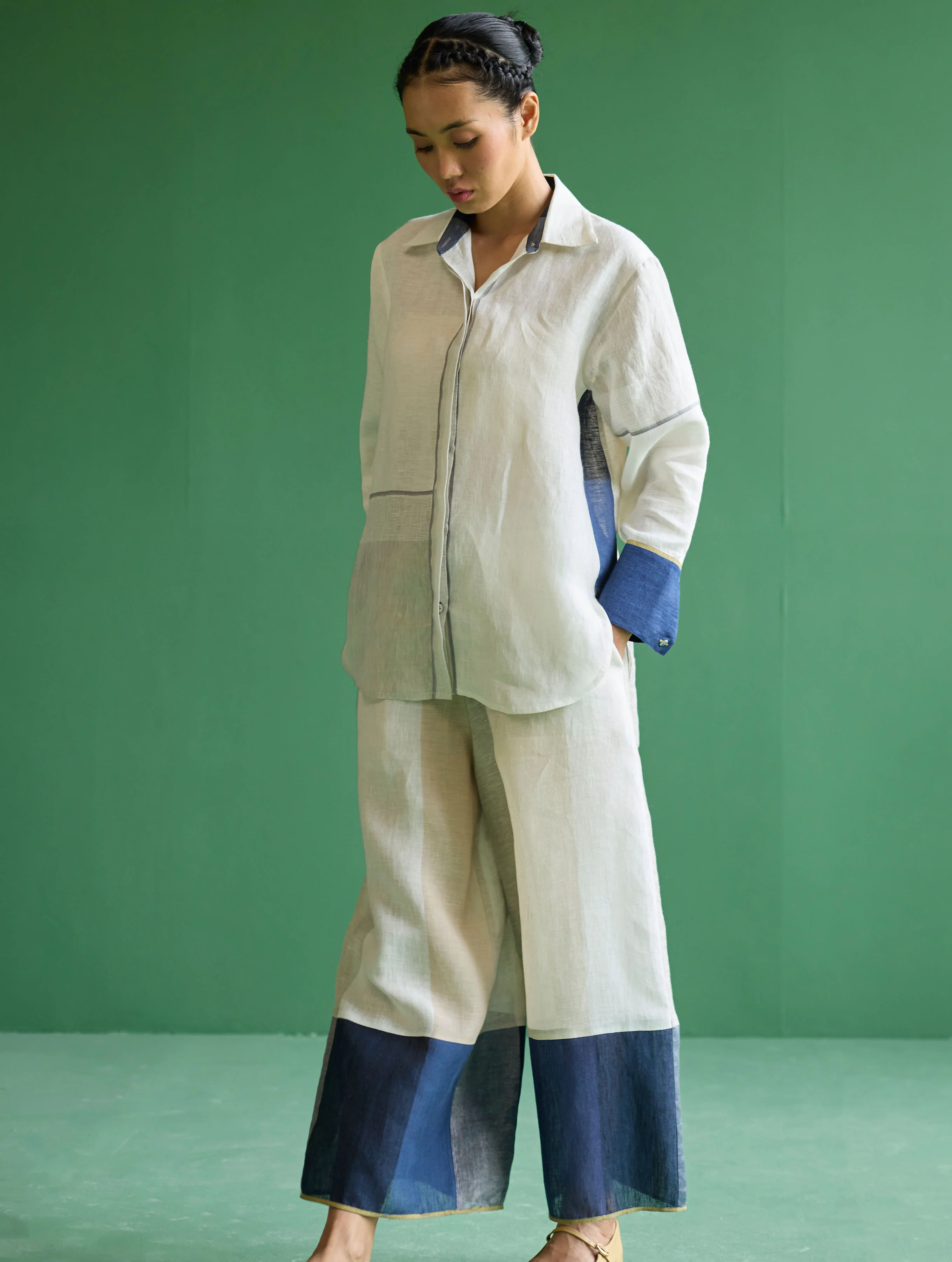 Yang Color-Blocked Metallic Linen Shirt - Ivory - Image 7