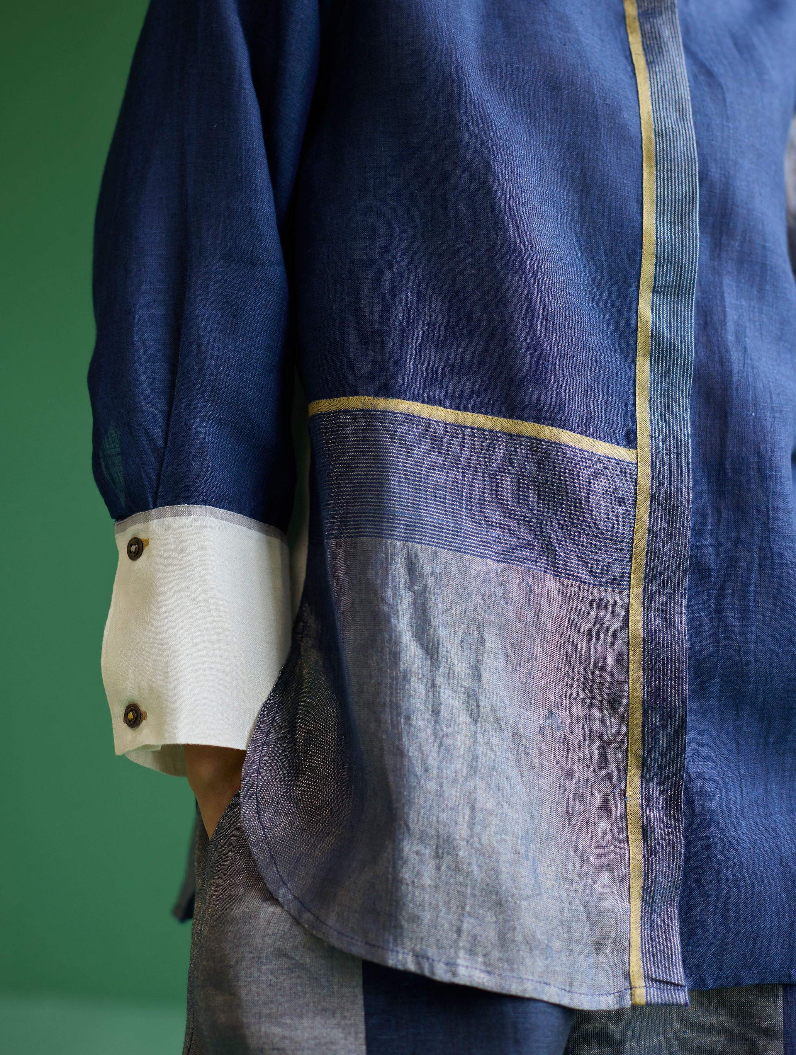 Yang Color-Blocked Metallic Linen Shirt - Navy - Image 8