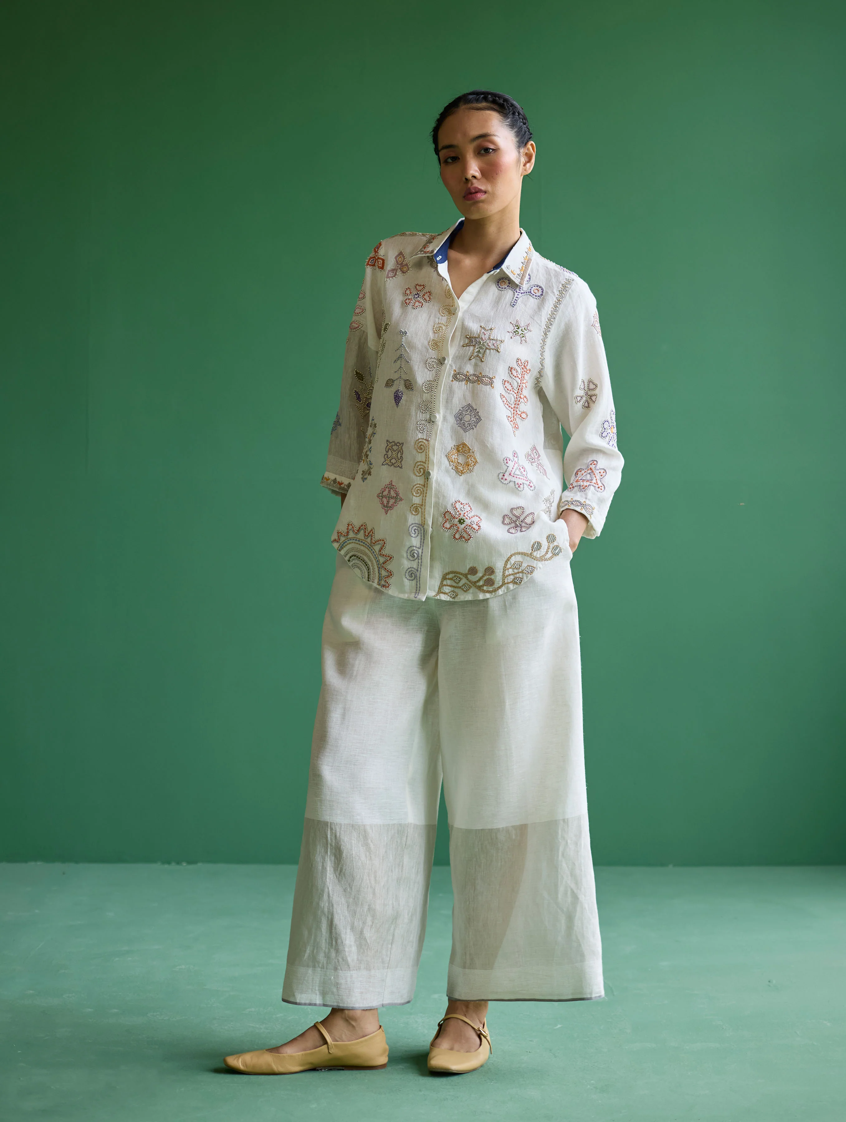 Yima Metallic Border Linen Pant - Ivory - Image 7