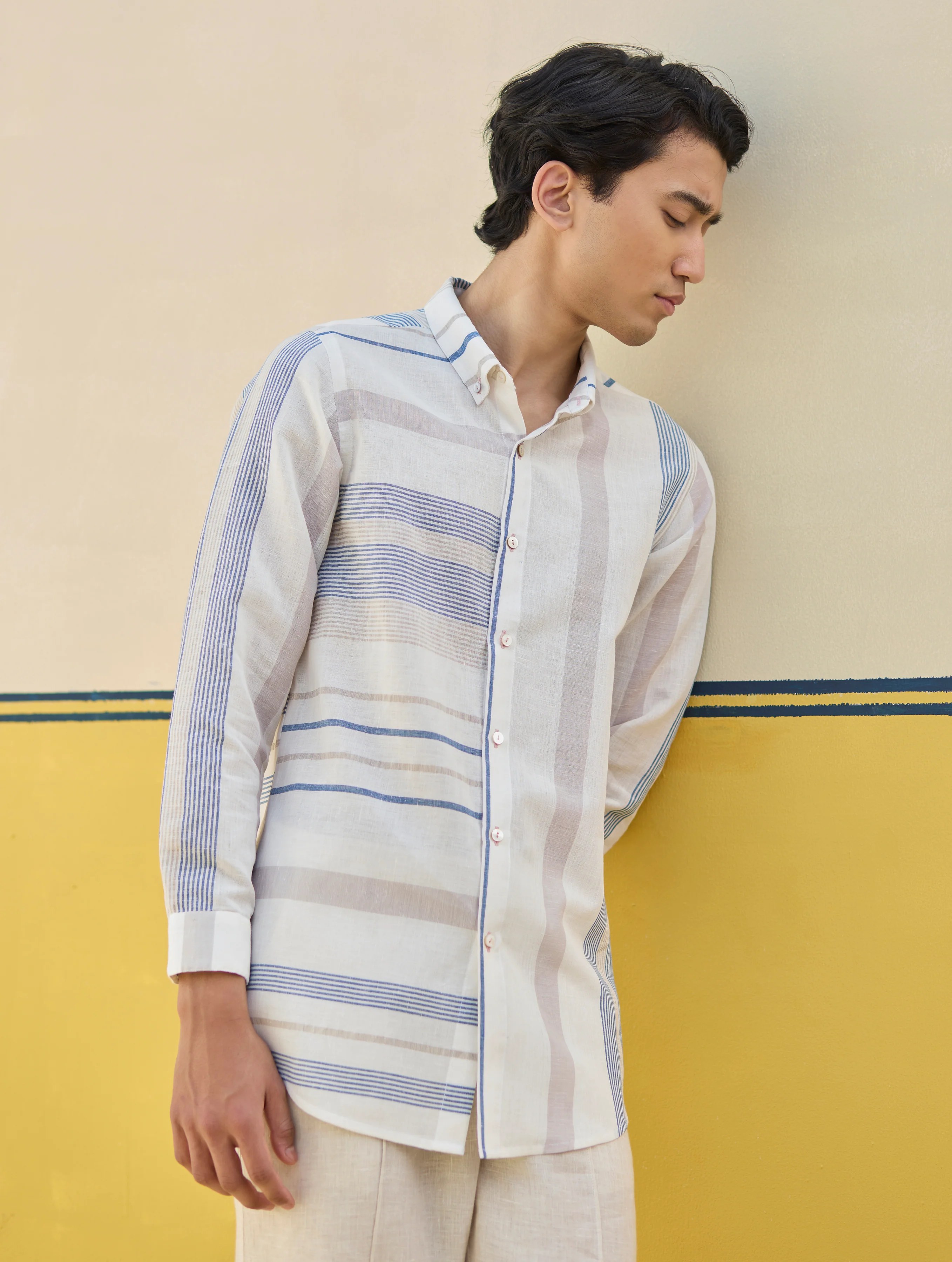 Yuto Modern Check Linen Shirt - Ivory - Image 3
