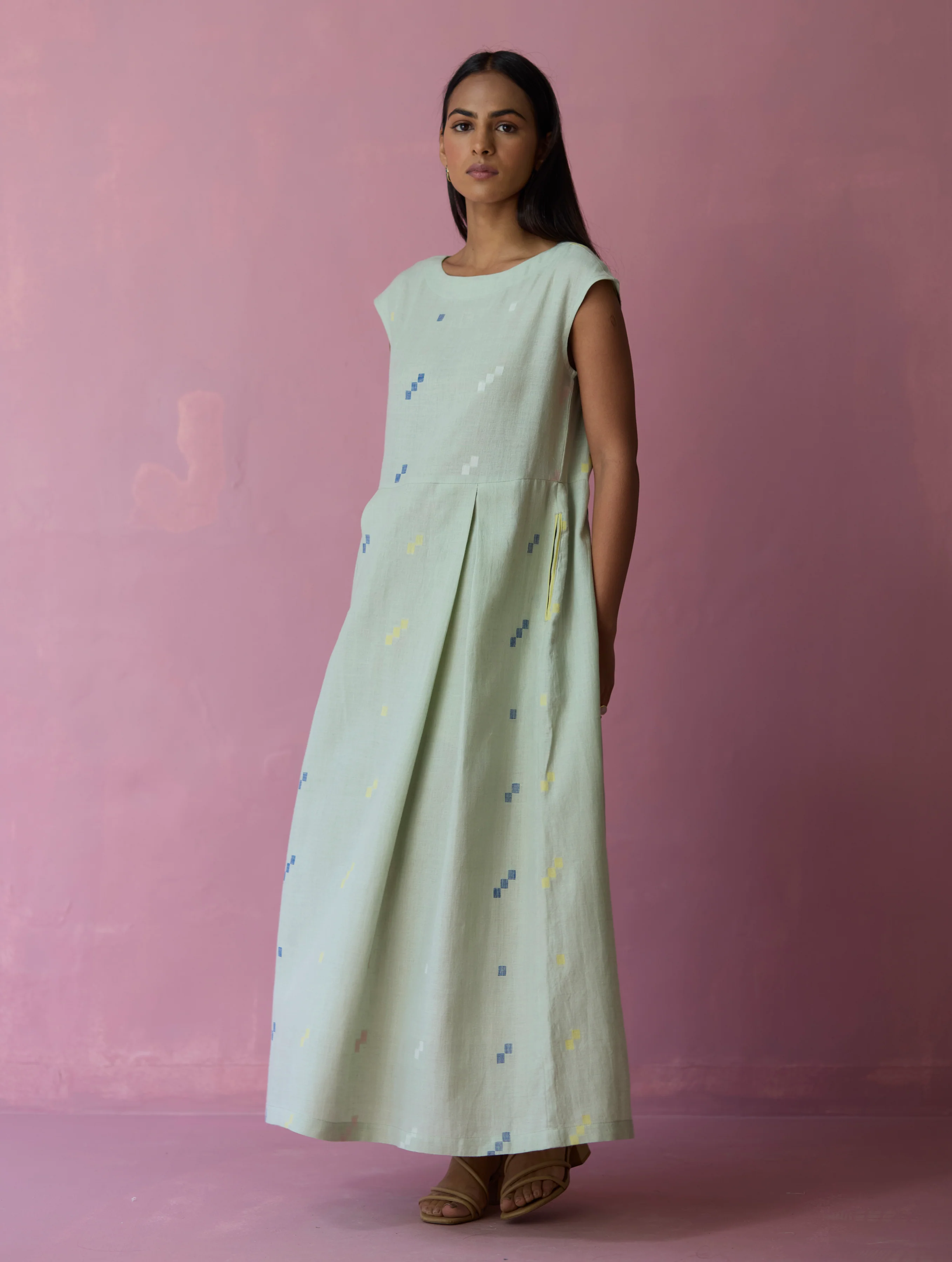 Zaha Cap Sleeve Jamdani Linen Dress - Aqua - Image 4