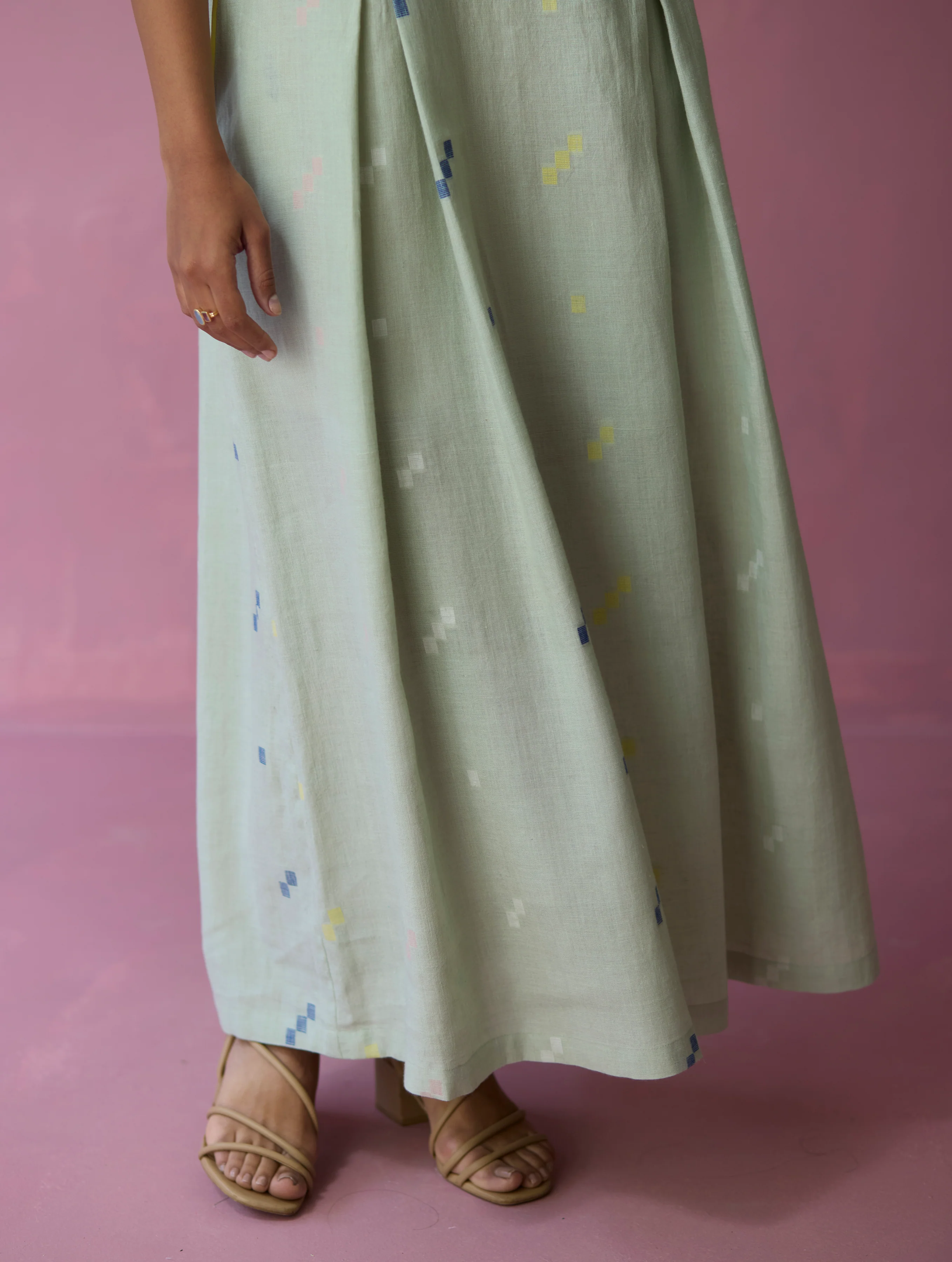 Zaha Cap Sleeve Jamdani Linen Dress - Aqua - Image 6