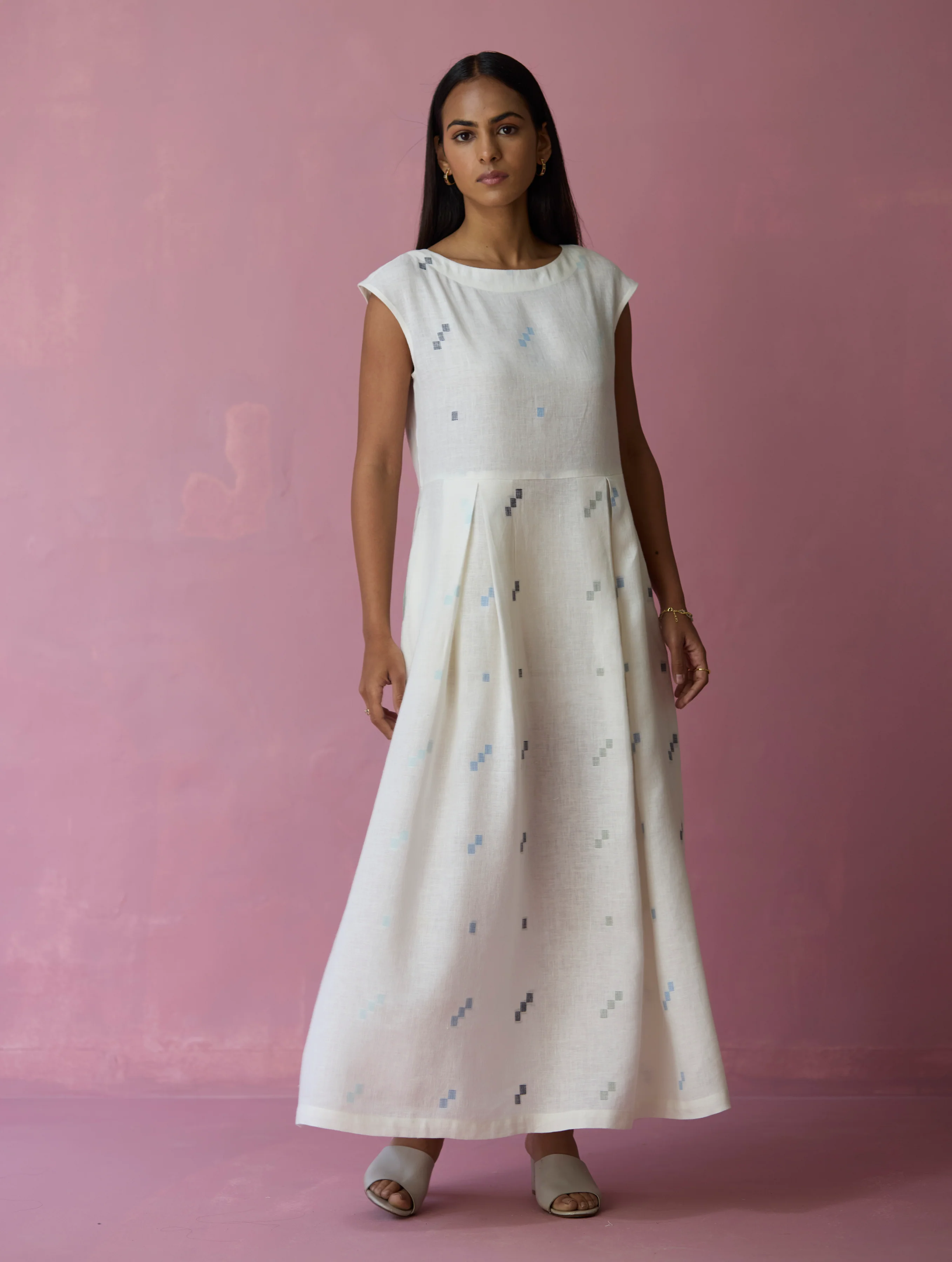 Zaha Cap Sleeve Jamdani Linen Dress - Ivory - Image 2