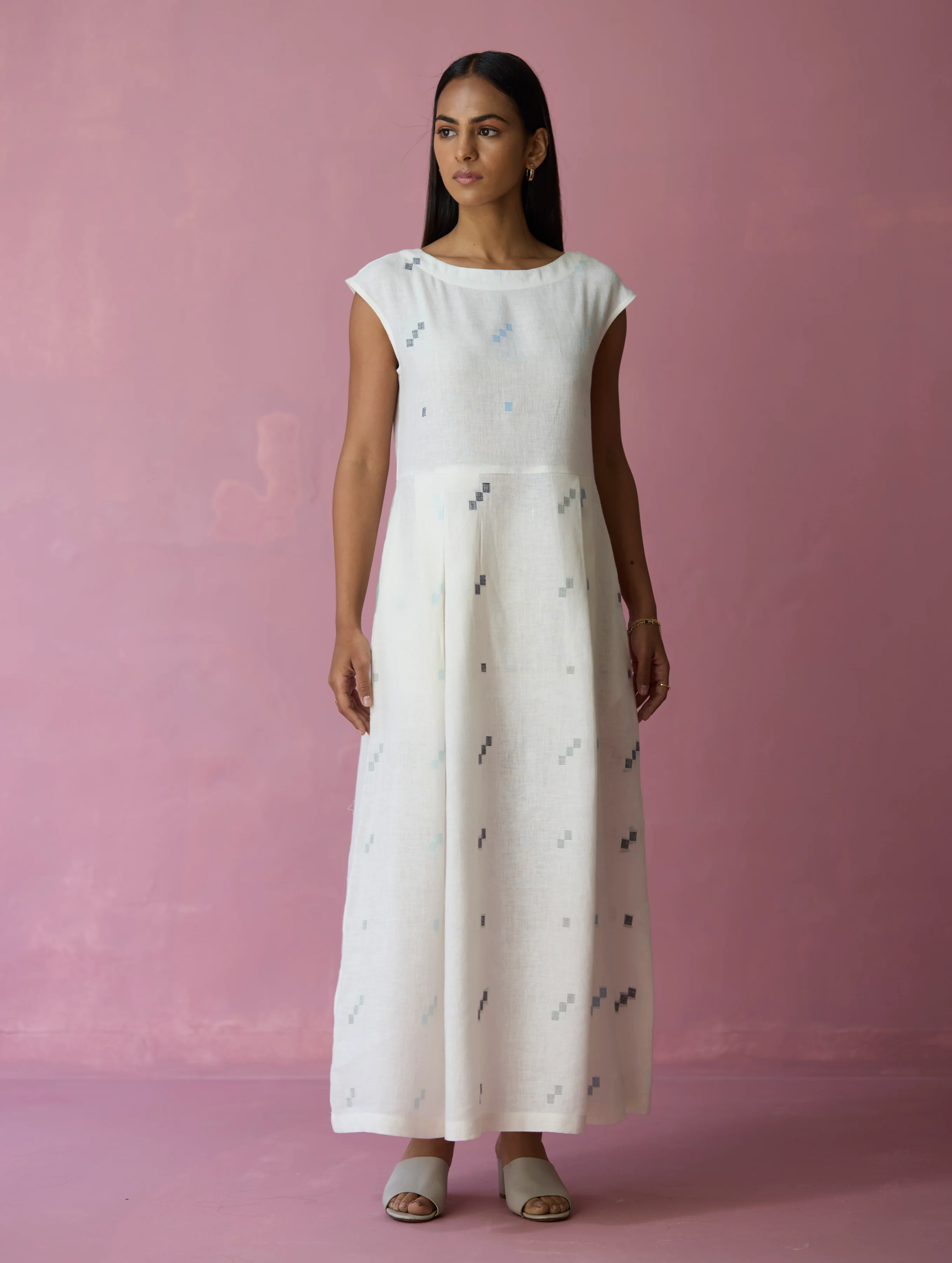 Zaha Cap Sleeve Jamdani Linen Dress - Ivory - Image 5