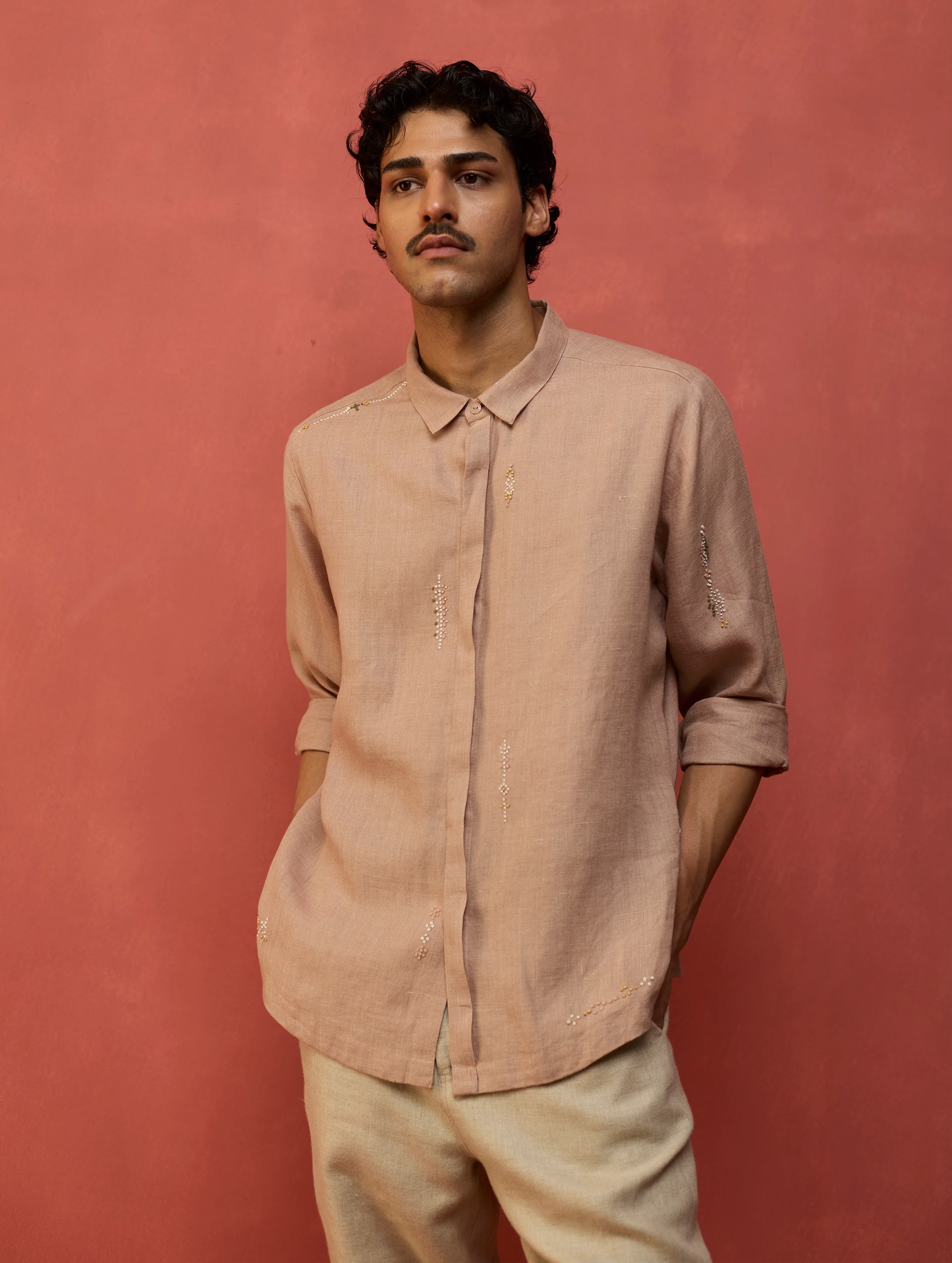 Zuma Hand-Embroidered Linen Shirt - Dusty Rose - Image 2