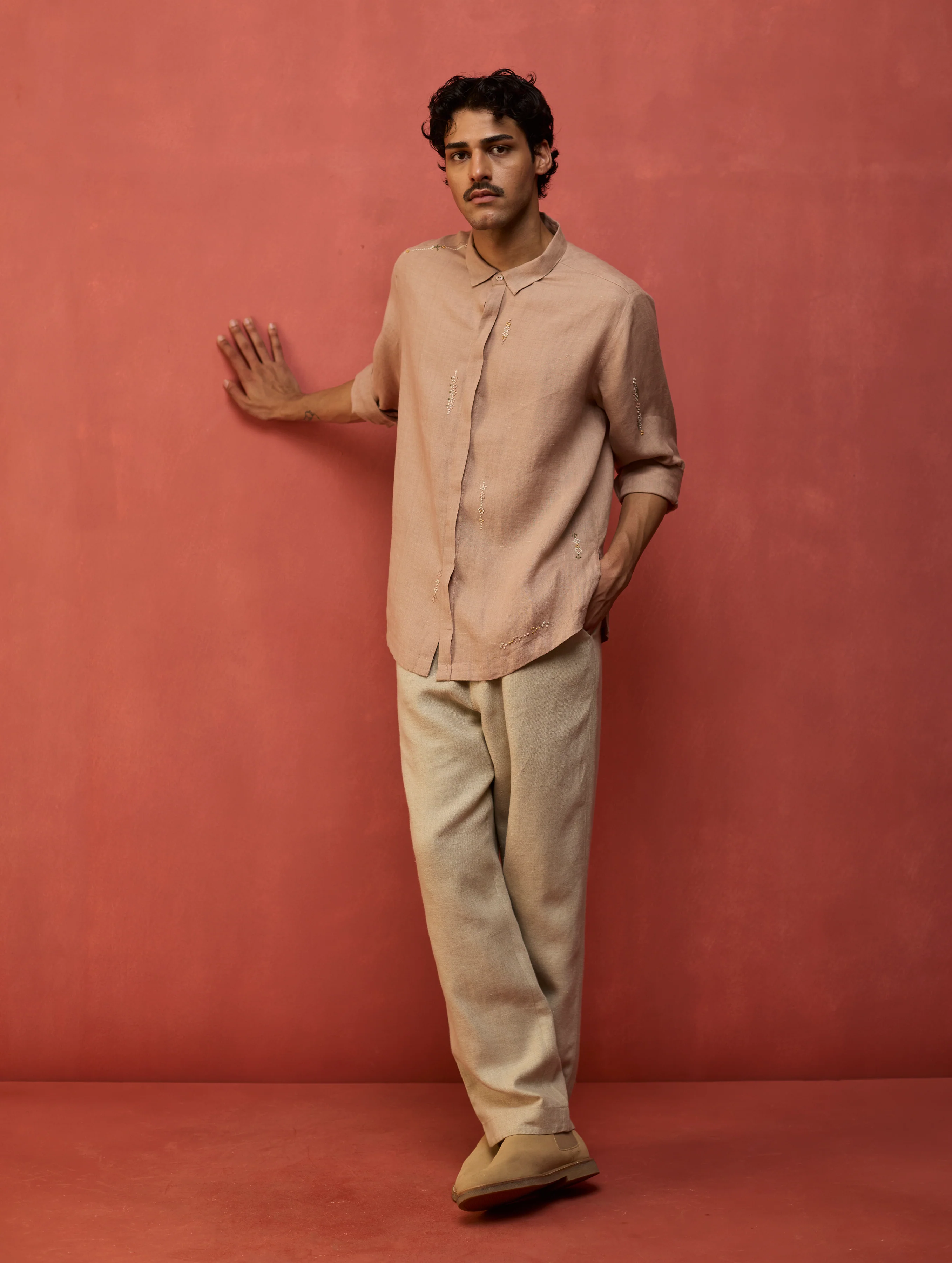 Zuma Hand-Embroidered Linen Shirt - Dusty Rose - Image 3