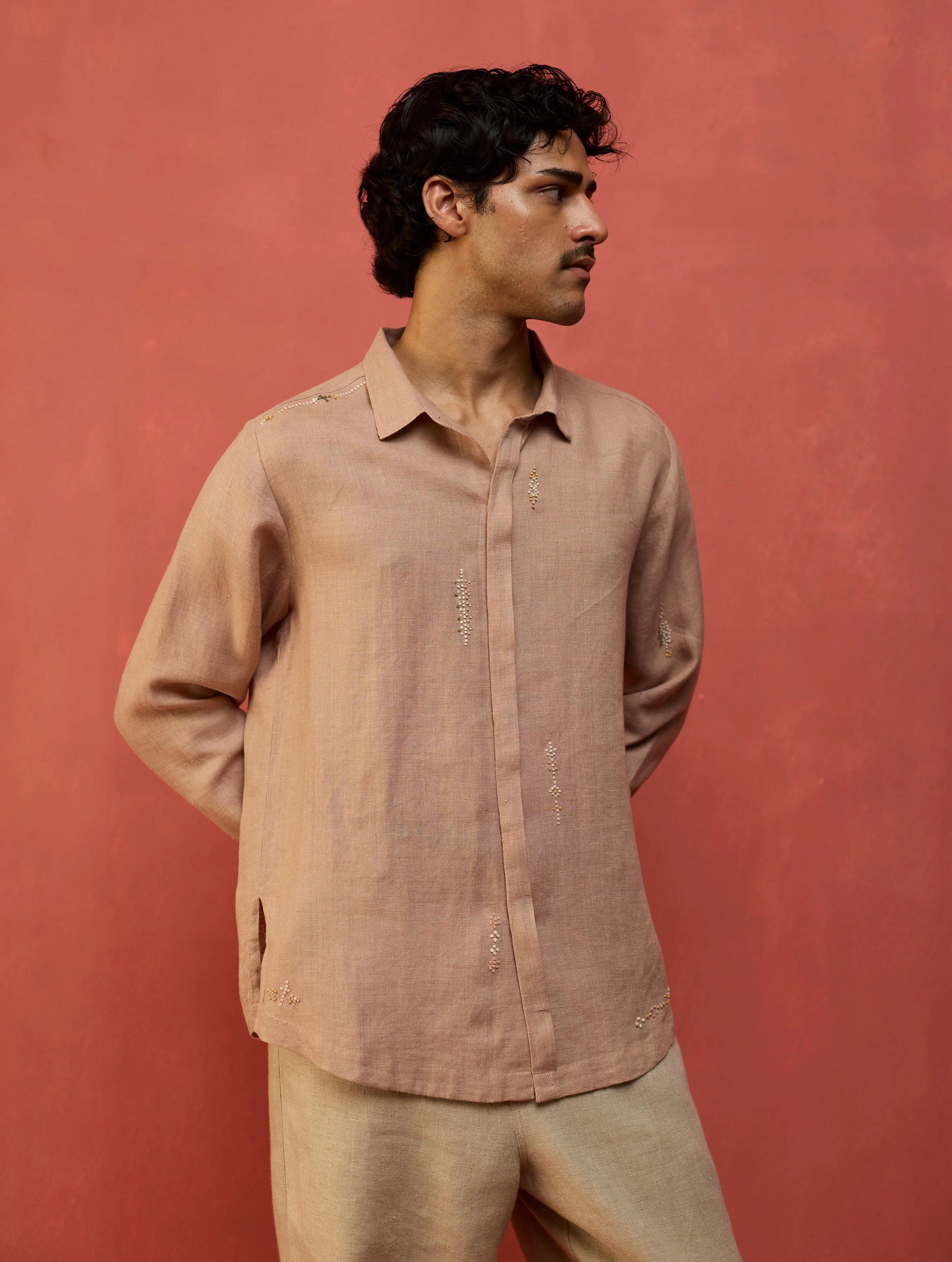 Zuma Hand-Embroidered Linen Shirt - Dusty Rose - Image 4