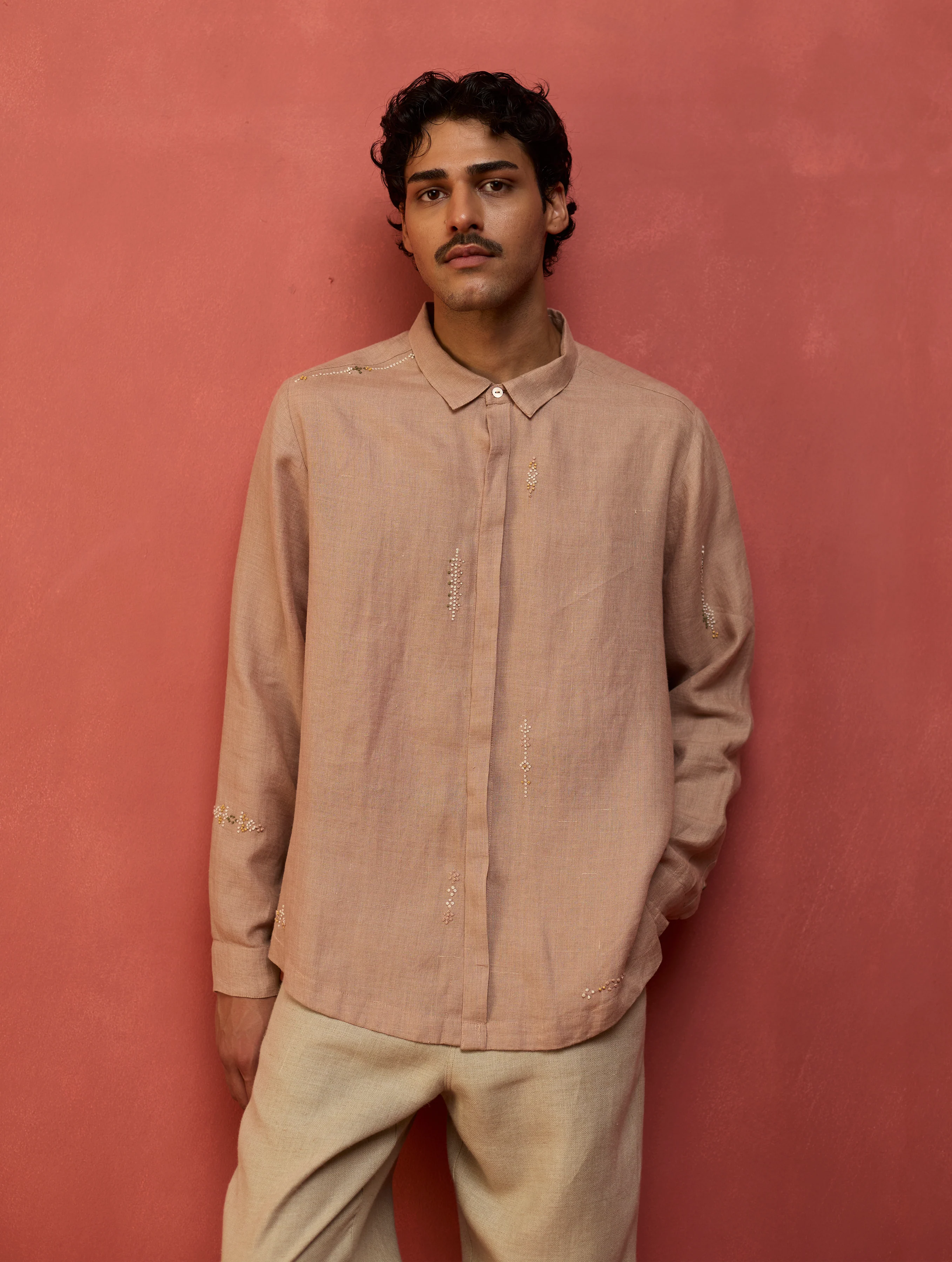 Zuma Hand-Embroidered Linen Shirt - Dusty Rose - Image 7