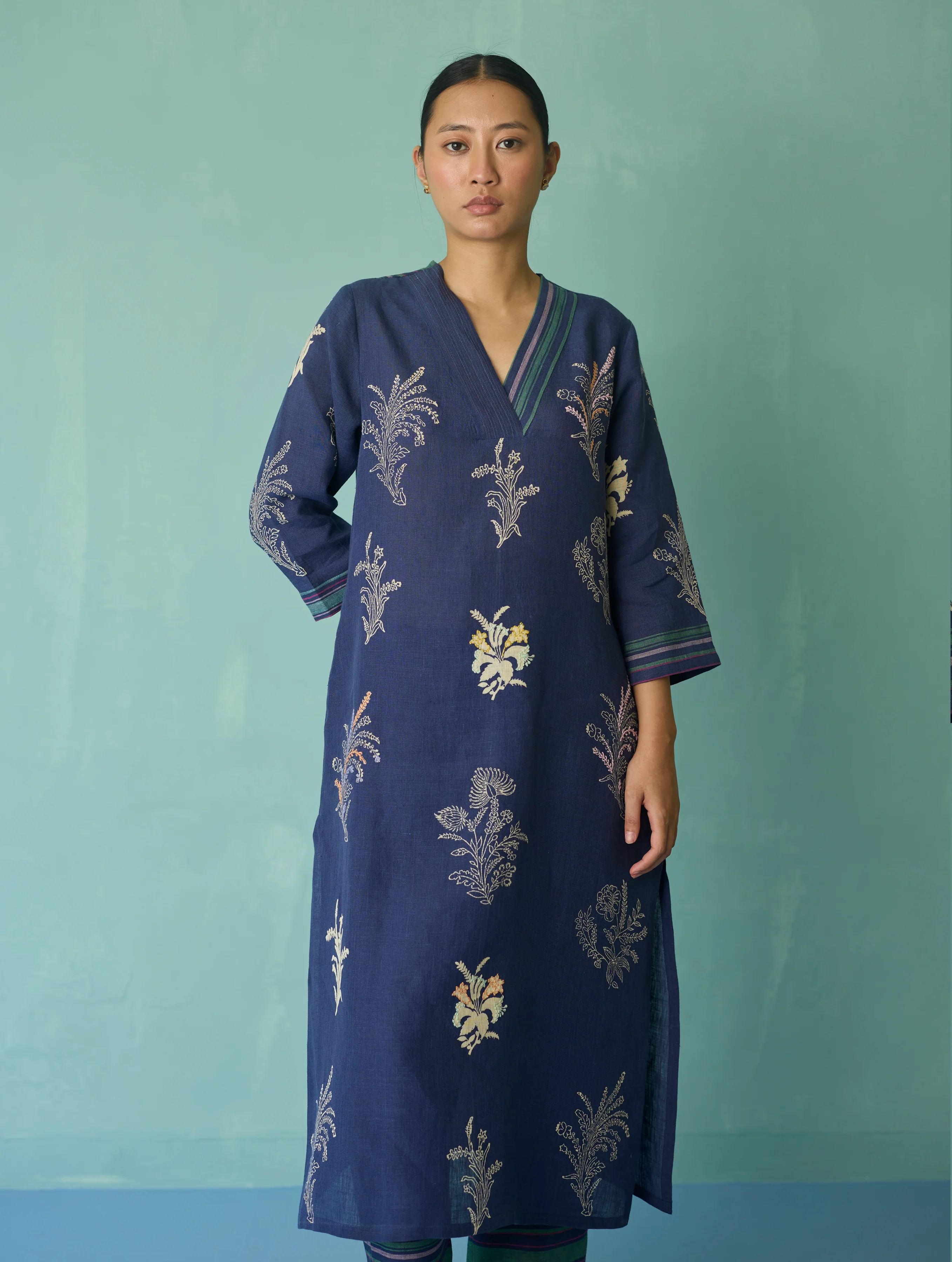 Zura Floral Block Printed Embroidered Kurta - Indigo - Image 6