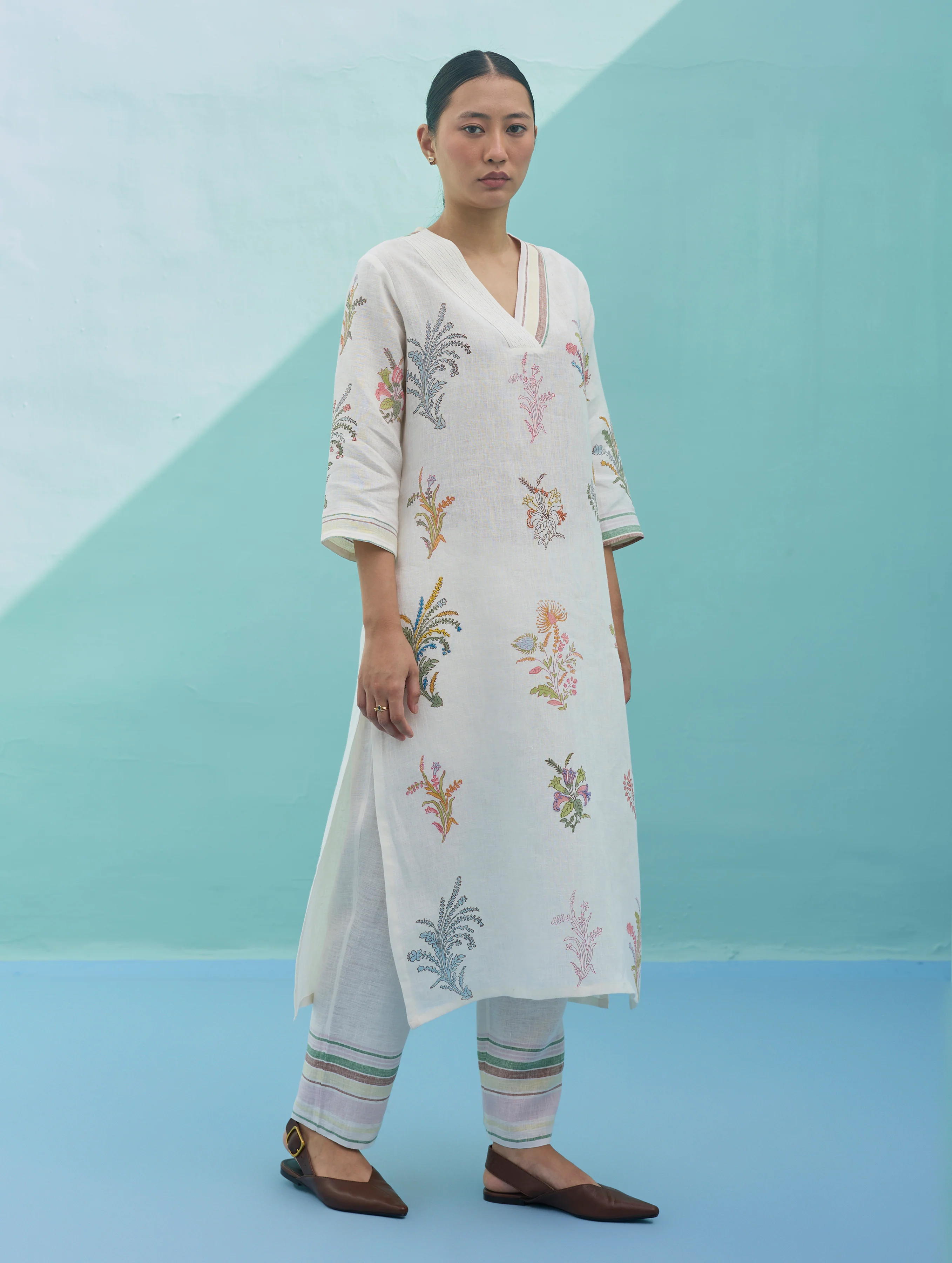 Zura Floral Block-Printed Embroidered Kurta - Ivory - Image 9