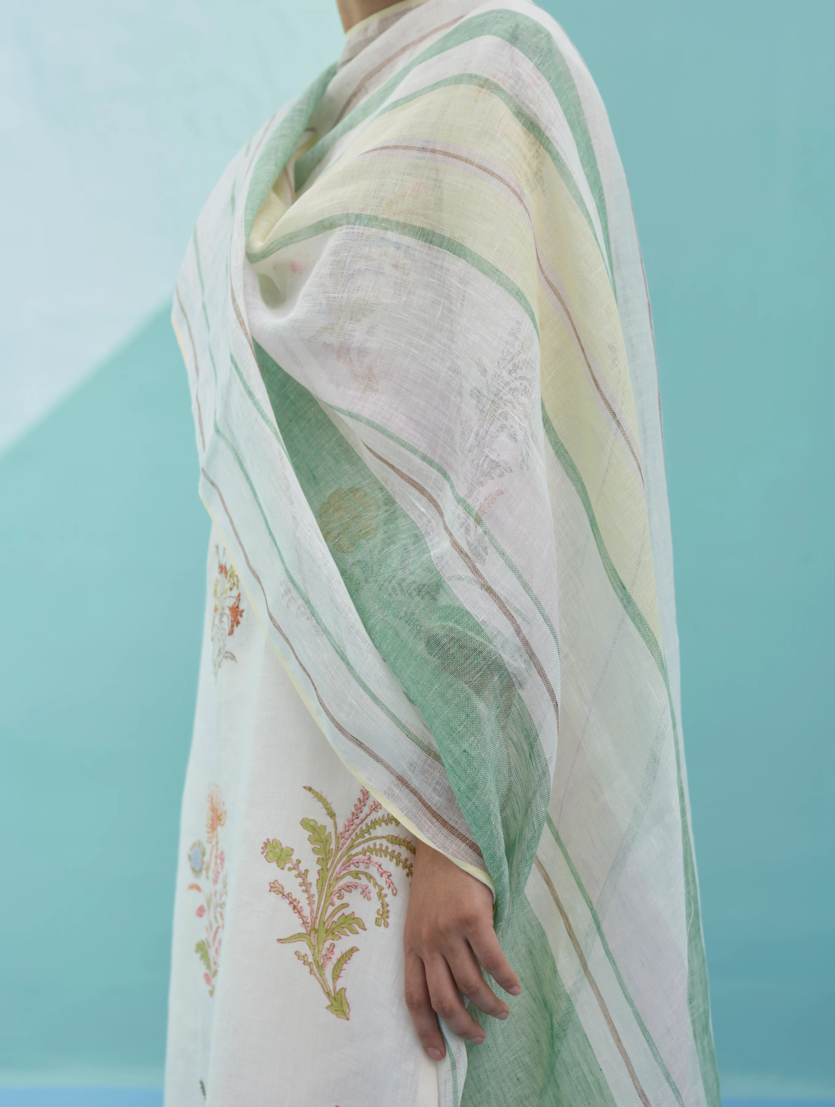 Zura Floral Block-Printed Embroidered Kurta Set - Ivory - Image 11