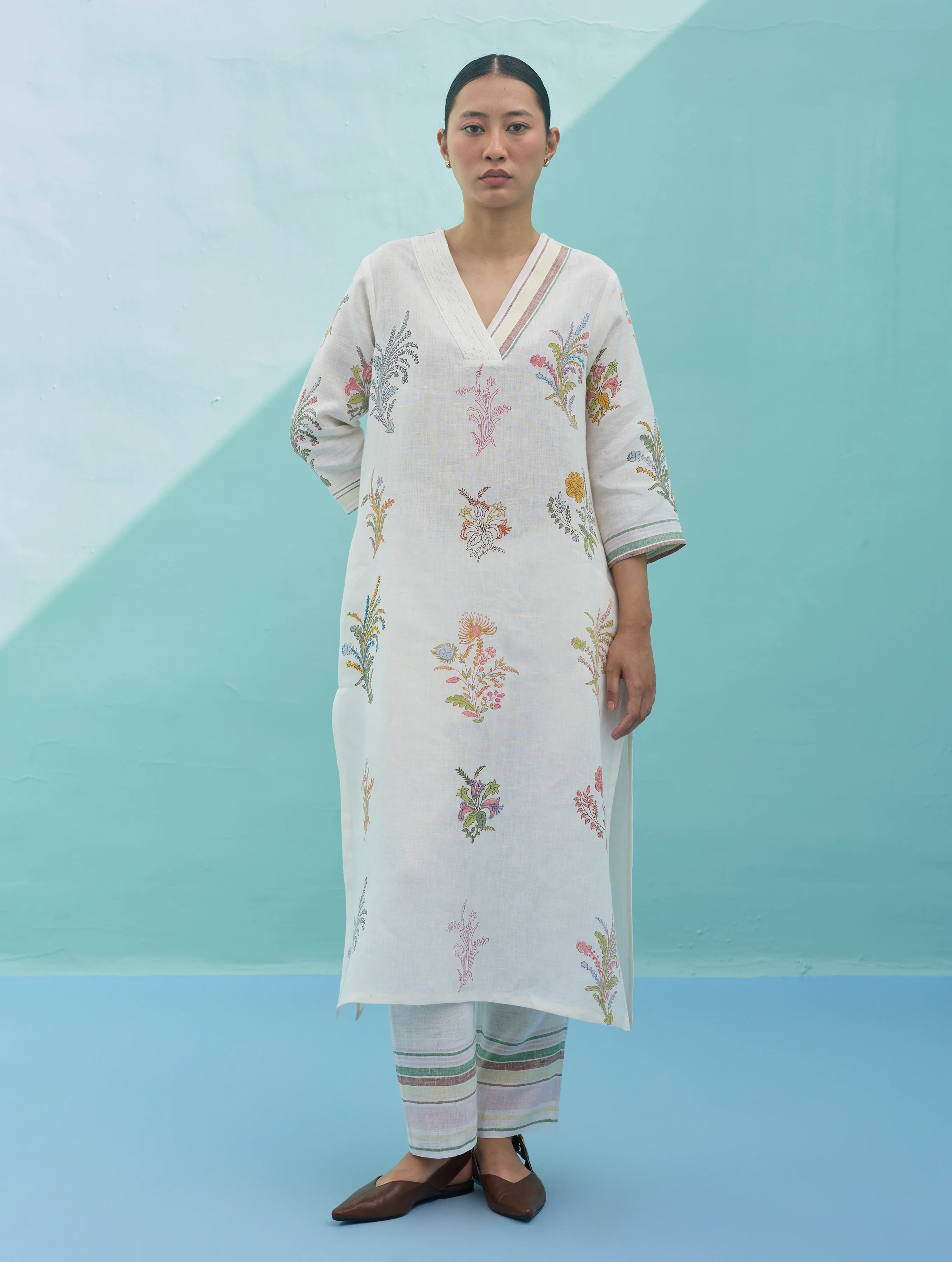 Zura Floral Block-Printed Embroidered Kurta Set - Ivory - Image 12